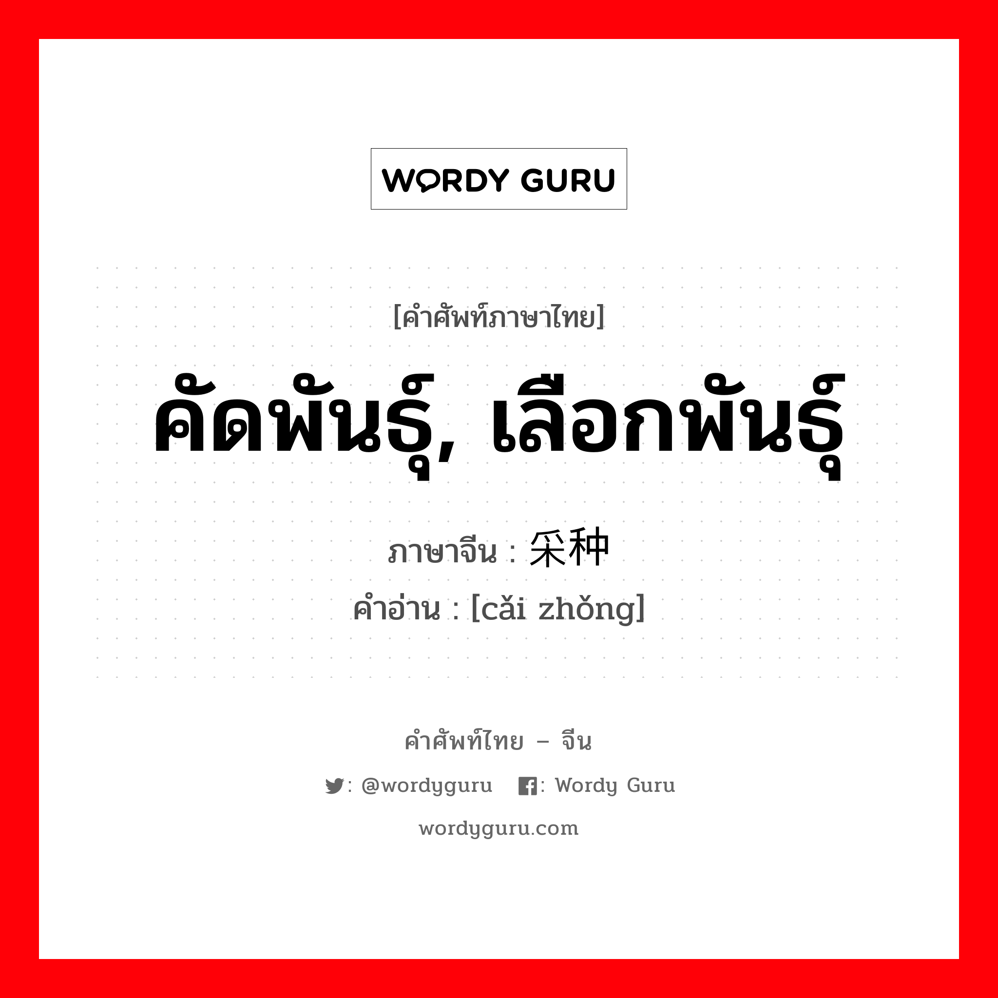 คัดพันธุ์, เลือกพันธุ์ ภาษาจีนคืออะไร, คำศัพท์ภาษาไทย - จีน คัดพันธุ์, เลือกพันธุ์ ภาษาจีน 采种 คำอ่าน [cǎi zhǒng]