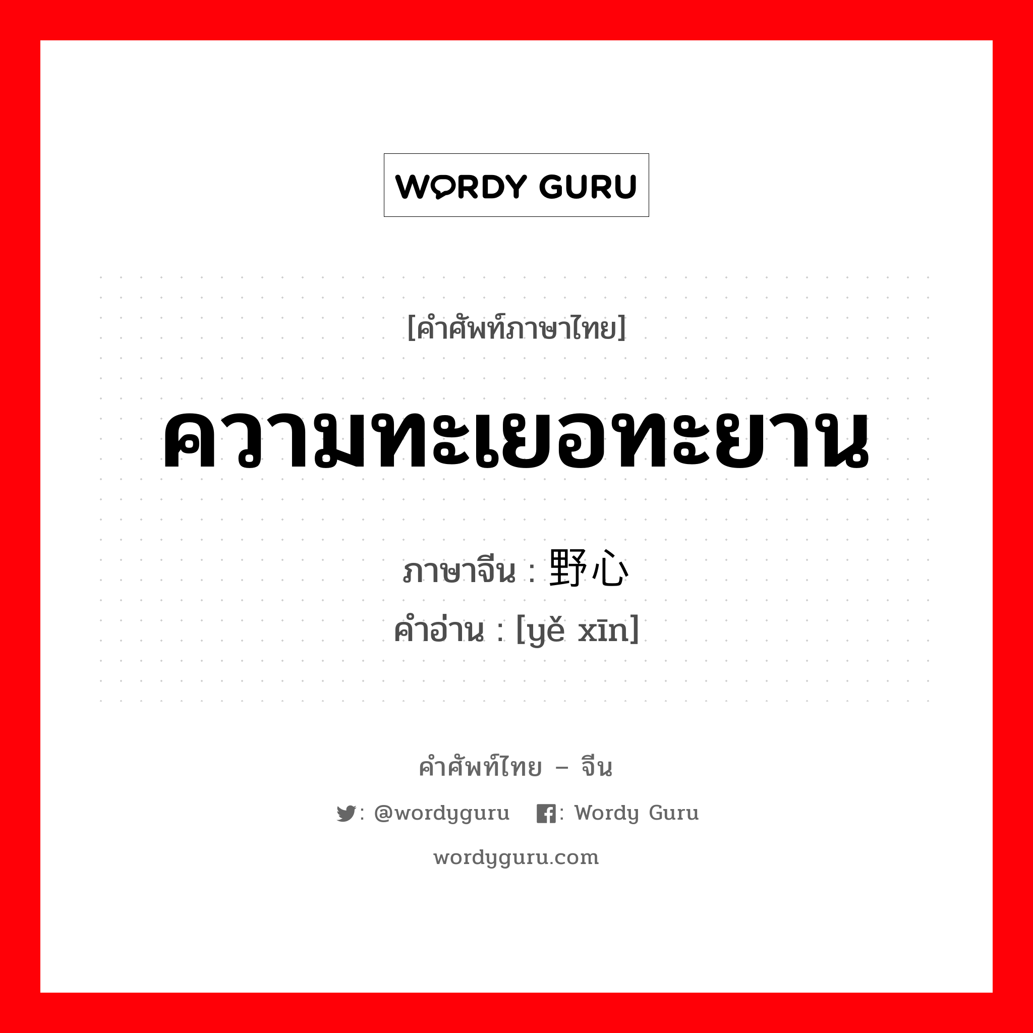 ความทะเยอทะยาน ภาษาจีนคืออะไร, คำศัพท์ภาษาไทย - จีน ความทะเยอทะยาน ภาษาจีน 野心 คำอ่าน [yě xīn]