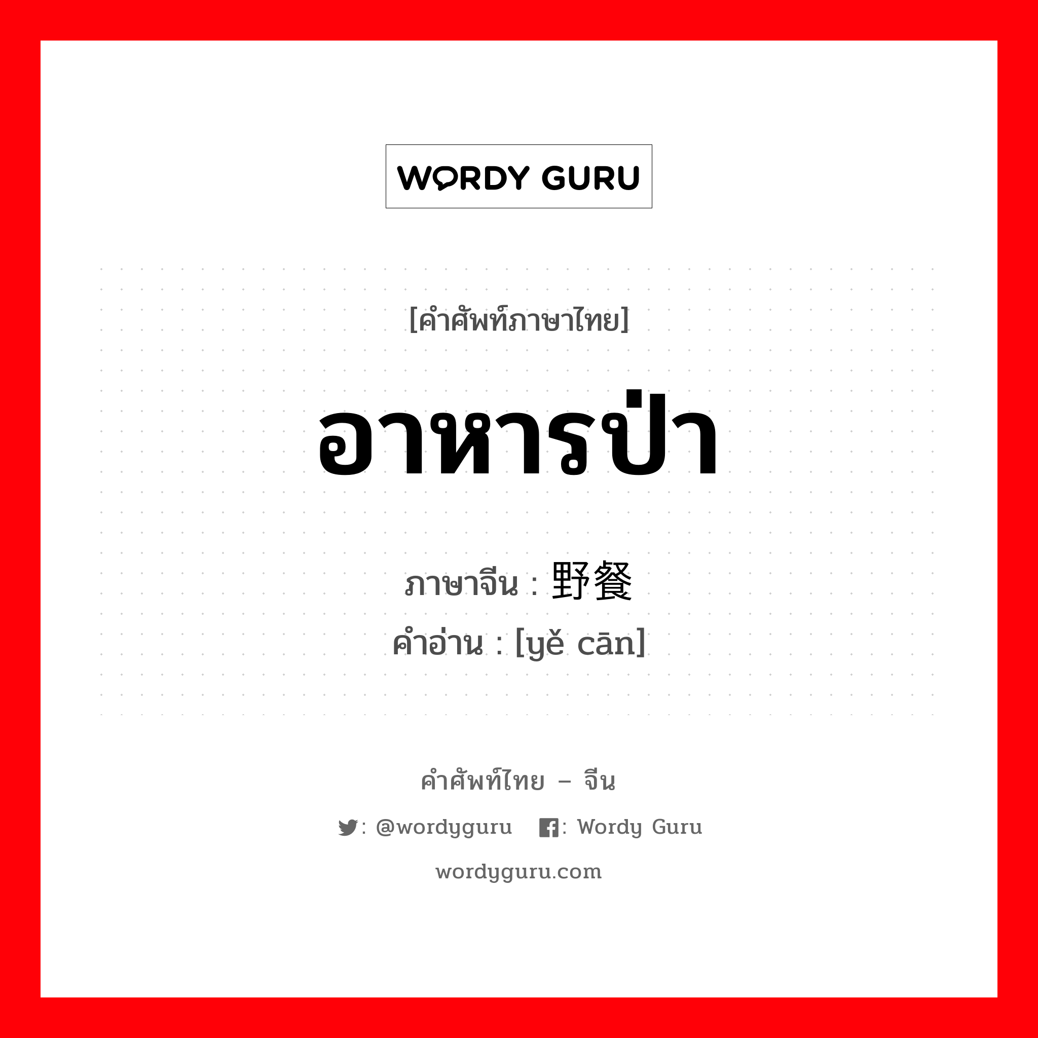 อาหารป่า ภาษาจีนคืออะไร, คำศัพท์ภาษาไทย - จีน อาหารป่า ภาษาจีน 野餐 คำอ่าน [yě cān]