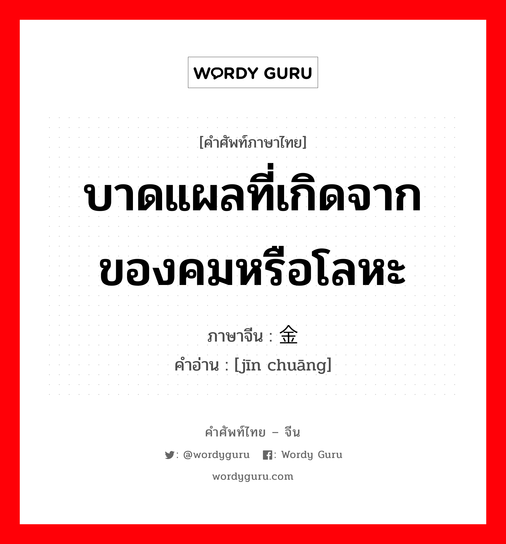 บาดแผลที่เกิดจากของคมหรือโลหะ ภาษาจีนคืออะไร, คำศัพท์ภาษาไทย - จีน บาดแผลที่เกิดจากของคมหรือโลหะ ภาษาจีน 金疮 คำอ่าน [jīn chuāng]