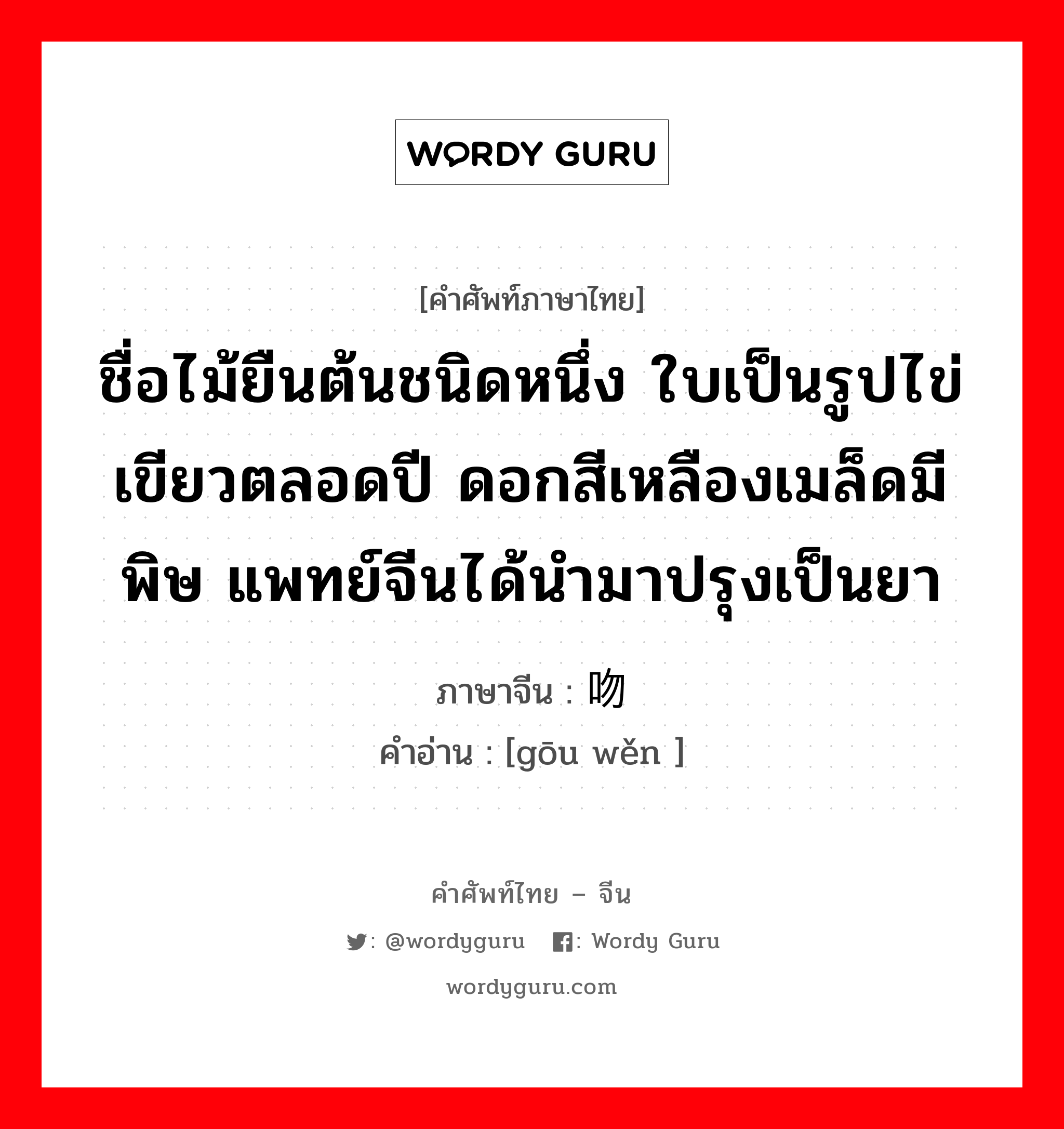 ชื่อไม้ยืนต้นชนิดหนึ่ง ใบเป็นรูปไข่เขียวตลอดปี ดอกสีเหลืองเมล็ดมีพิษ แพทย์จีนได้นำมาปรุงเป็นยา ภาษาจีนคืออะไร, คำศัพท์ภาษาไทย - จีน ชื่อไม้ยืนต้นชนิดหนึ่ง ใบเป็นรูปไข่เขียวตลอดปี ดอกสีเหลืองเมล็ดมีพิษ แพทย์จีนได้นำมาปรุงเป็นยา ภาษาจีน 钩吻 คำอ่าน [gōu wěn ]