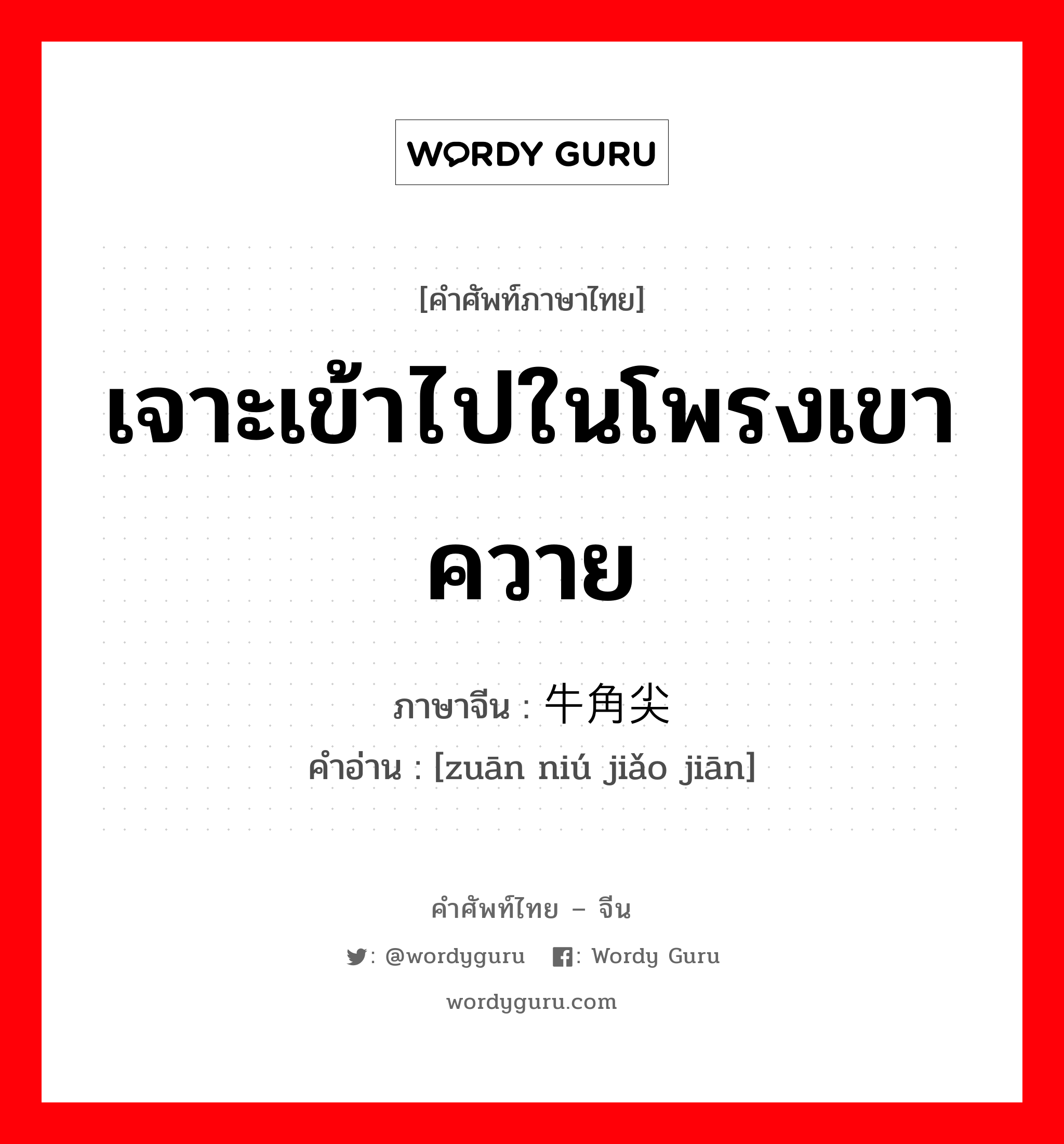 เจาะเข้าไปในโพรงเขาควาย ภาษาจีนคืออะไร, คำศัพท์ภาษาไทย - จีน เจาะเข้าไปในโพรงเขาควาย ภาษาจีน 钻牛角尖 คำอ่าน [zuān niú jiǎo jiān]