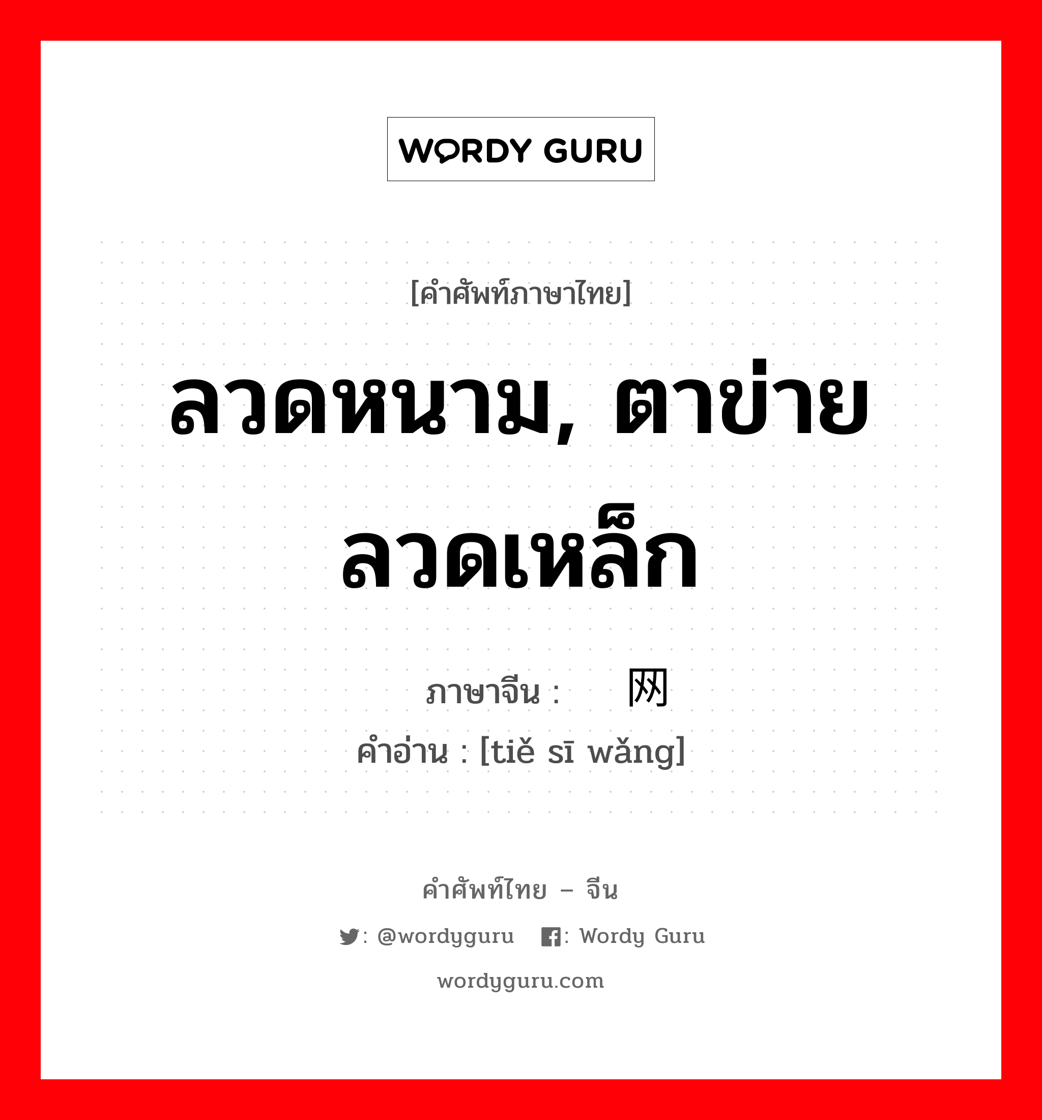 ลวดหนาม, ตาข่ายลวดเหล็ก ภาษาจีนคืออะไร, คำศัพท์ภาษาไทย - จีน ลวดหนาม, ตาข่ายลวดเหล็ก ภาษาจีน 铁丝网 คำอ่าน [tiě sī wǎng]