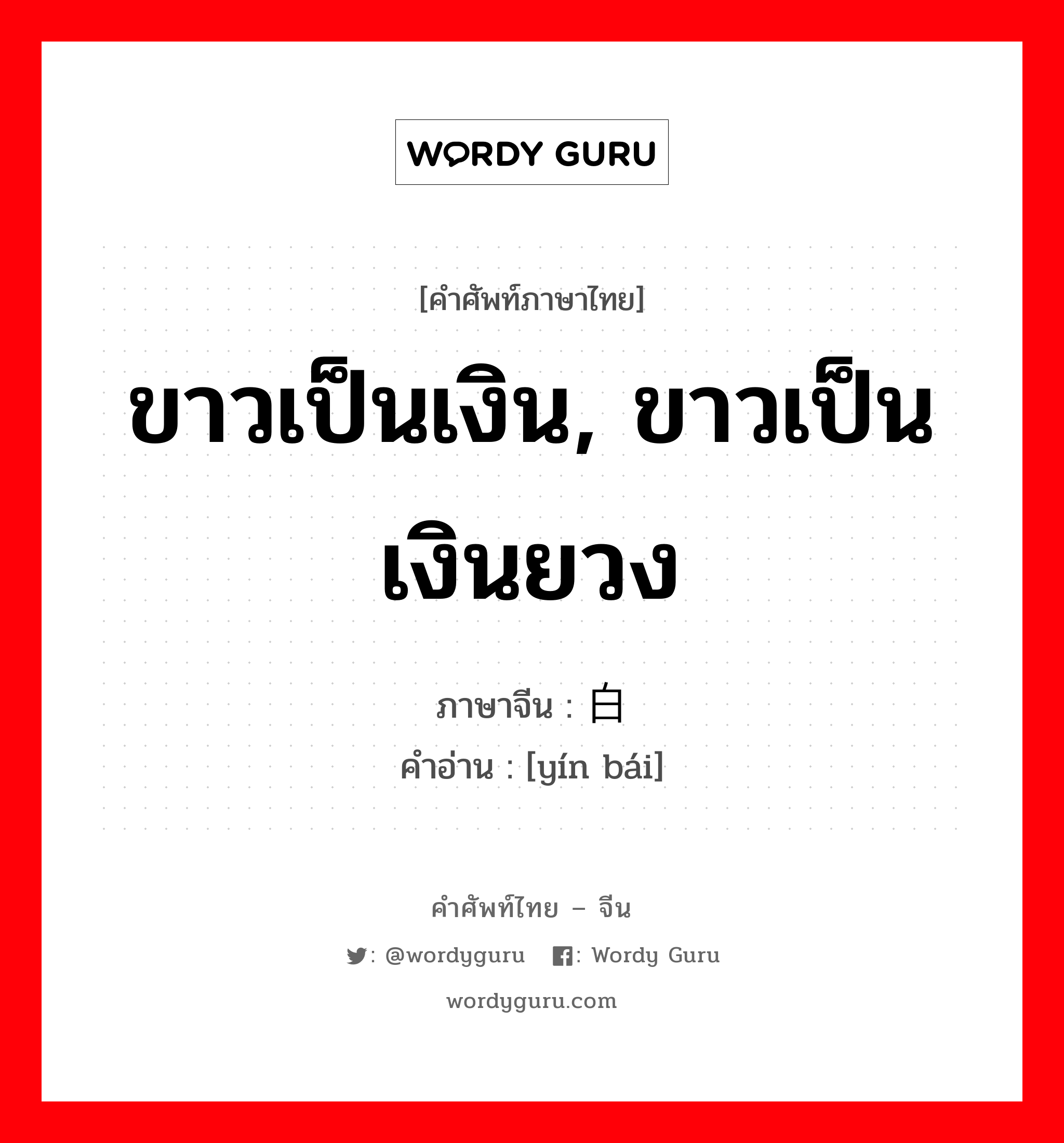 ขาวเป็นเงิน, ขาวเป็นเงินยวง ภาษาจีนคืออะไร, คำศัพท์ภาษาไทย - จีน ขาวเป็นเงิน, ขาวเป็นเงินยวง ภาษาจีน 银白 คำอ่าน [yín bái]