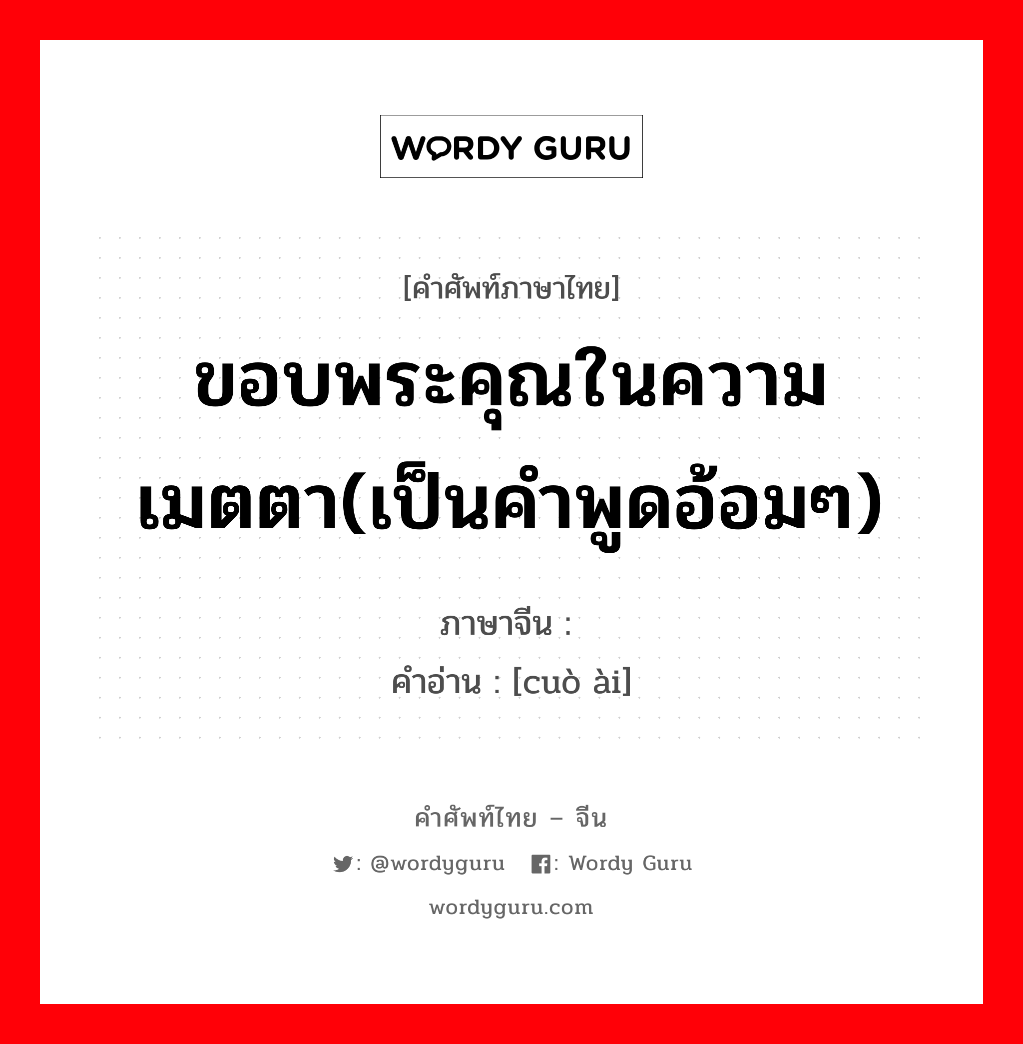 ขอบพระคุณในความเมตตา(เป็นคำพูดอ้อมๆ) ภาษาจีนคืออะไร, คำศัพท์ภาษาไทย - จีน ขอบพระคุณในความเมตตา(เป็นคำพูดอ้อมๆ) ภาษาจีน 错爱 คำอ่าน [cuò ài]