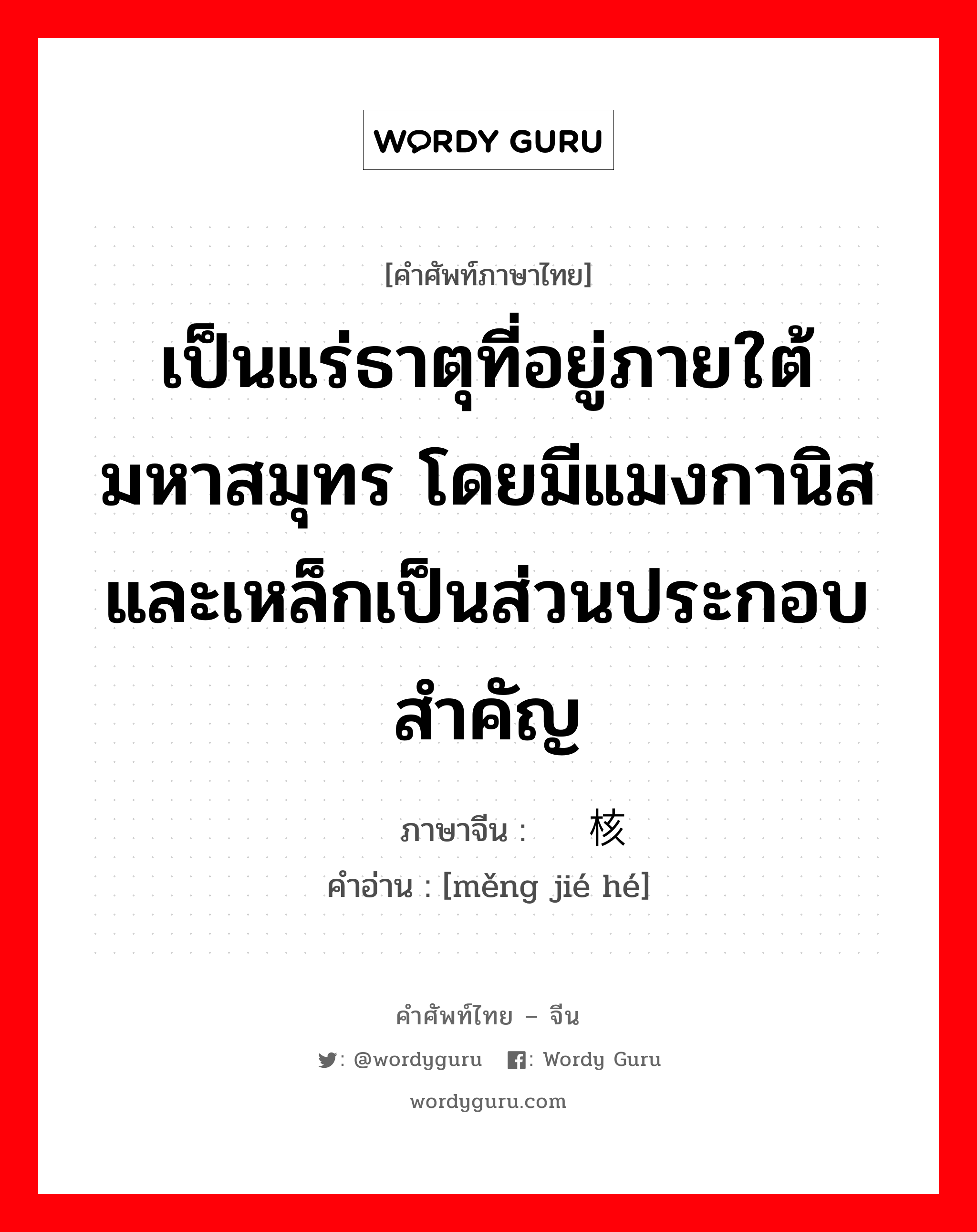 เป็นแร่ธาตุที่อยู่ภายใต้มหาสมุทร โดยมีแมงกานิสและเหล็กเป็นส่วนประกอบสำคัญ ภาษาจีนคืออะไร, คำศัพท์ภาษาไทย - จีน เป็นแร่ธาตุที่อยู่ภายใต้มหาสมุทร โดยมีแมงกานิสและเหล็กเป็นส่วนประกอบสำคัญ ภาษาจีน 锰结核 คำอ่าน [měng jié hé]