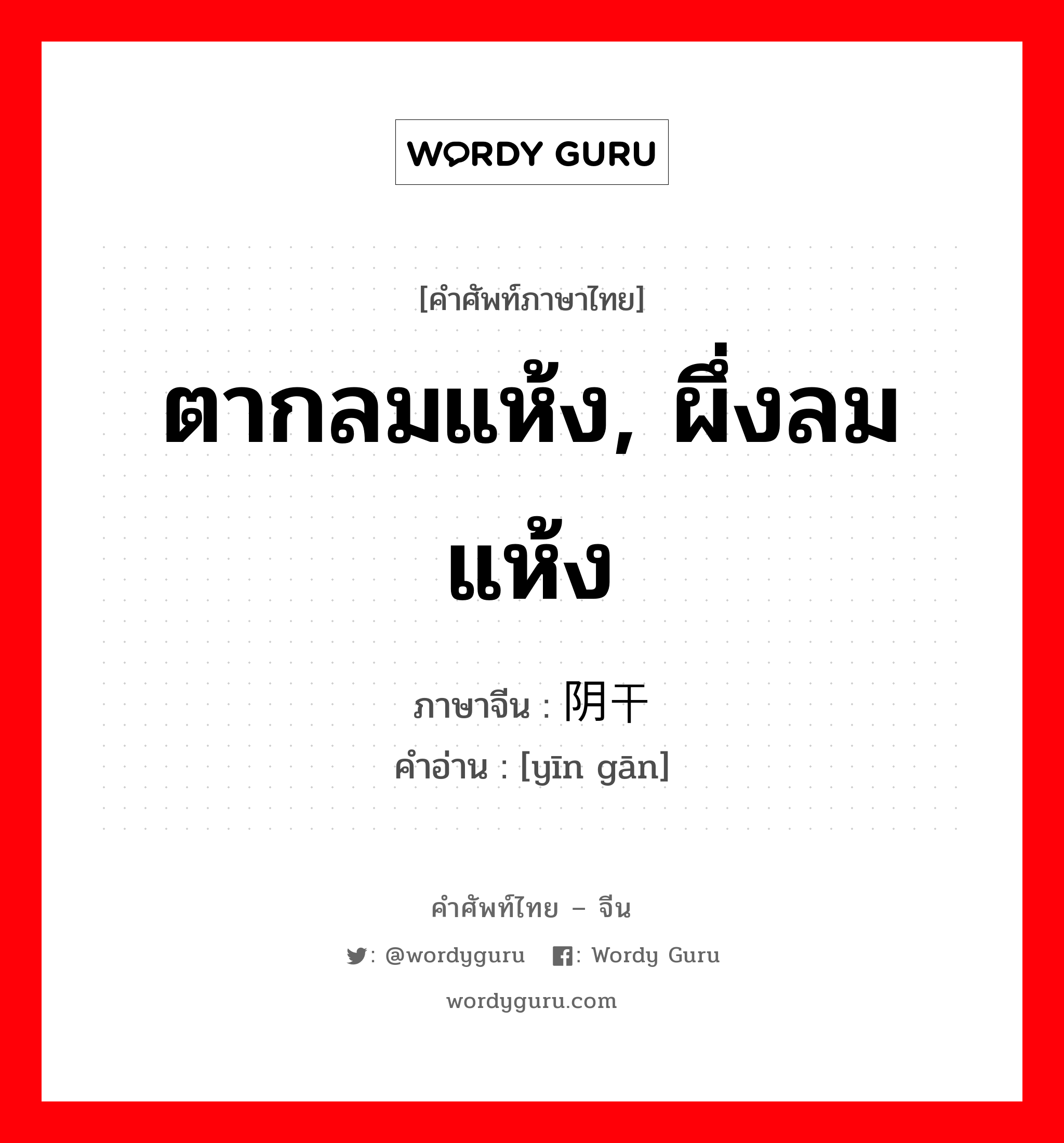 ตากลมแห้ง, ผึ่งลมแห้ง ภาษาจีนคืออะไร, คำศัพท์ภาษาไทย - จีน ตากลมแห้ง, ผึ่งลมแห้ง ภาษาจีน 阴干 คำอ่าน [yīn gān]