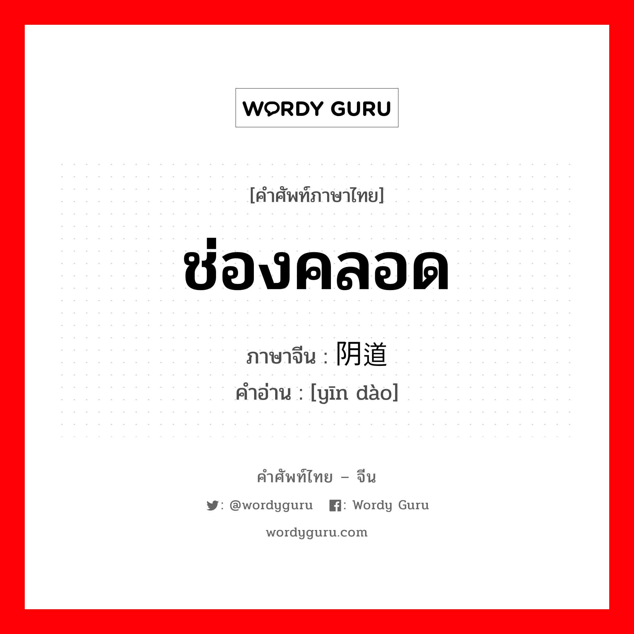 ช่องคลอด ภาษาจีนคืออะไร, คำศัพท์ภาษาไทย - จีน ช่องคลอด ภาษาจีน 阴道 คำอ่าน [yīn dào]