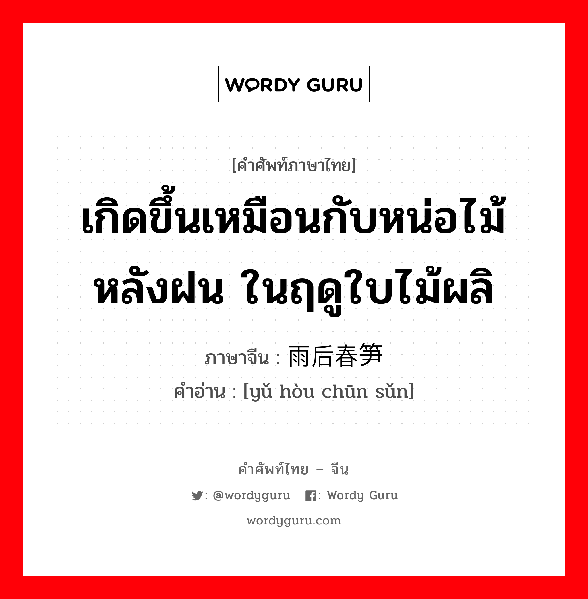 เกิดขึ้นเหมือนกับหน่อไม้หลังฝน ในฤดูใบไม้ผลิ ภาษาจีนคืออะไร, คำศัพท์ภาษาไทย - จีน เกิดขึ้นเหมือนกับหน่อไม้หลังฝน ในฤดูใบไม้ผลิ ภาษาจีน 雨后春笋 คำอ่าน [yǔ hòu chūn sǔn]