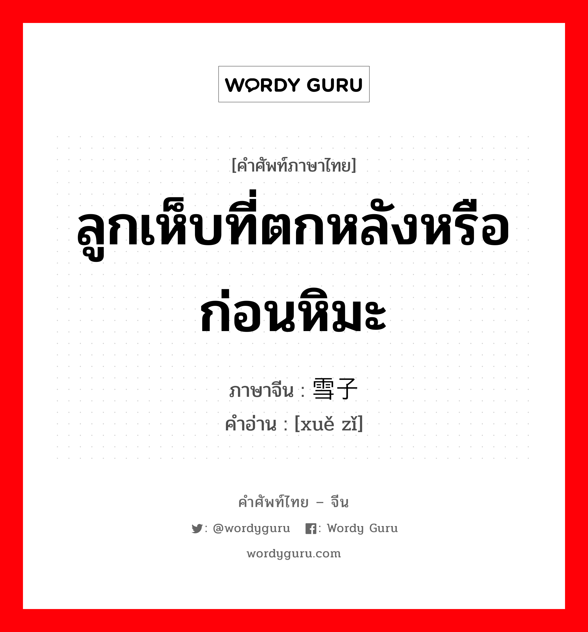 ลูกเห็บที่ตกหลังหรือก่อนหิมะ ภาษาจีนคืออะไร, คำศัพท์ภาษาไทย - จีน ลูกเห็บที่ตกหลังหรือก่อนหิมะ ภาษาจีน 雪子 คำอ่าน [xuě zǐ]