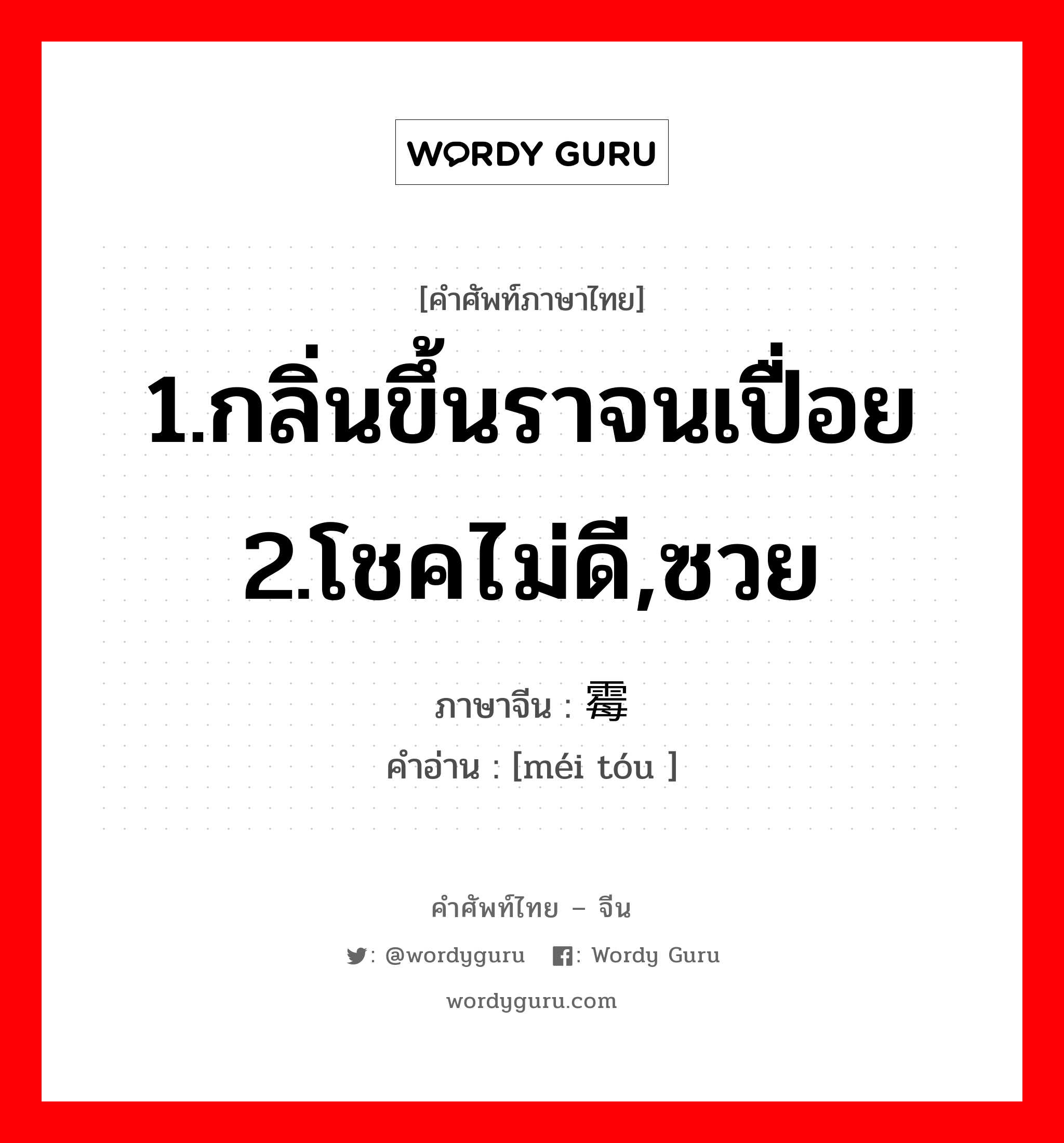 1.กลิ่นขึ้นราจนเปื่อย 2.โชคไม่ดี,ซวย ภาษาจีนคืออะไร, คำศัพท์ภาษาไทย - จีน 1.กลิ่นขึ้นราจนเปื่อย 2.โชคไม่ดี,ซวย ภาษาจีน 霉头 คำอ่าน [méi tóu ]