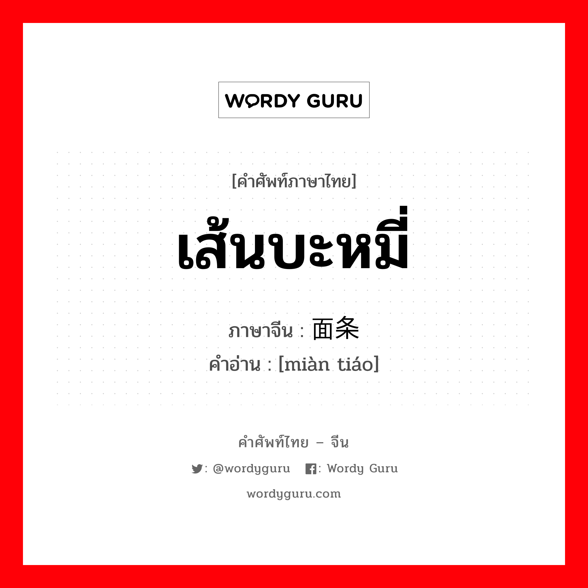 เส้นบะหมี่ ภาษาจีนคืออะไร, คำศัพท์ภาษาไทย - จีน เส้นบะหมี่ ภาษาจีน 面条 คำอ่าน [miàn tiáo]