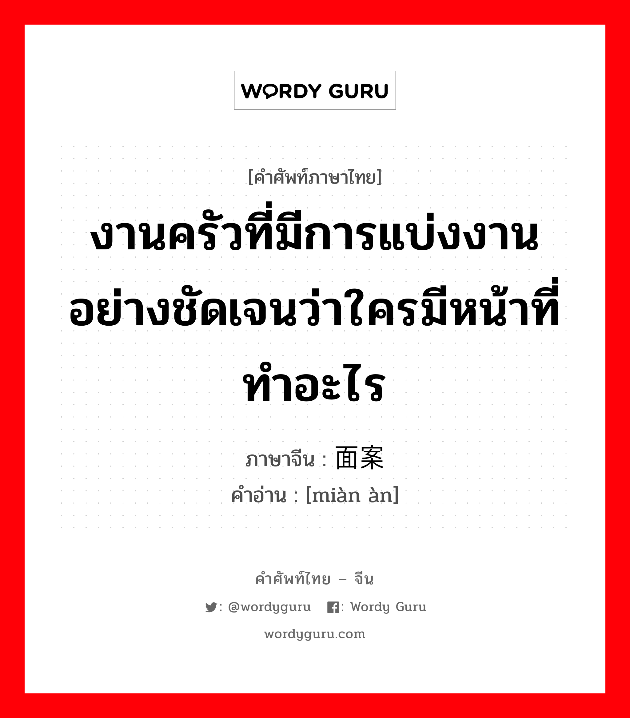 งานครัวที่มีการแบ่งงานอย่างชัดเจนว่าใครมีหน้าที่ทำอะไร ภาษาจีนคืออะไร, คำศัพท์ภาษาไทย - จีน งานครัวที่มีการแบ่งงานอย่างชัดเจนว่าใครมีหน้าที่ทำอะไร ภาษาจีน 面案 คำอ่าน [miàn àn]