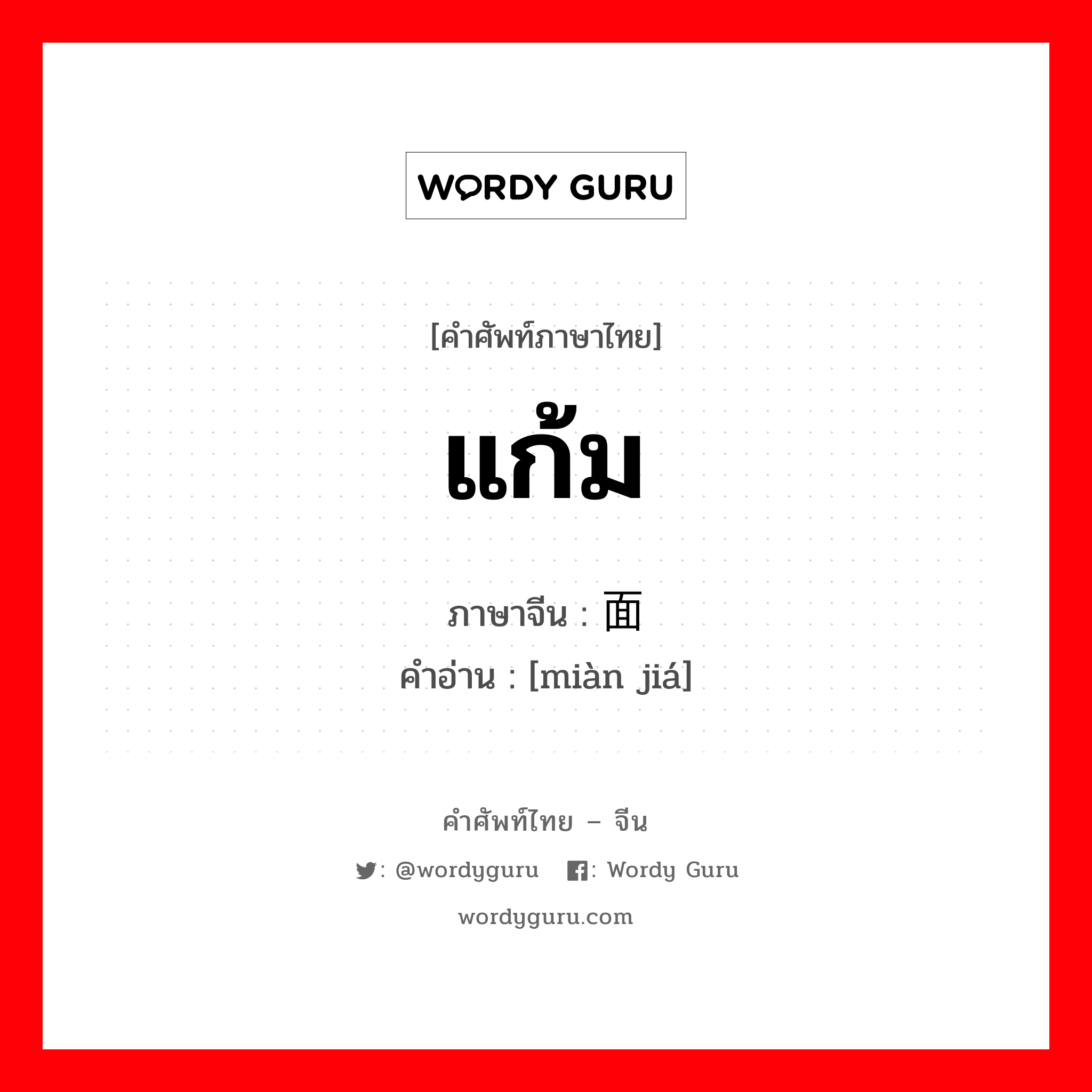 แก้ม ภาษาจีนคืออะไร, คำศัพท์ภาษาไทย - จีน แก้ม ภาษาจีน 面颊 คำอ่าน [miàn jiá]