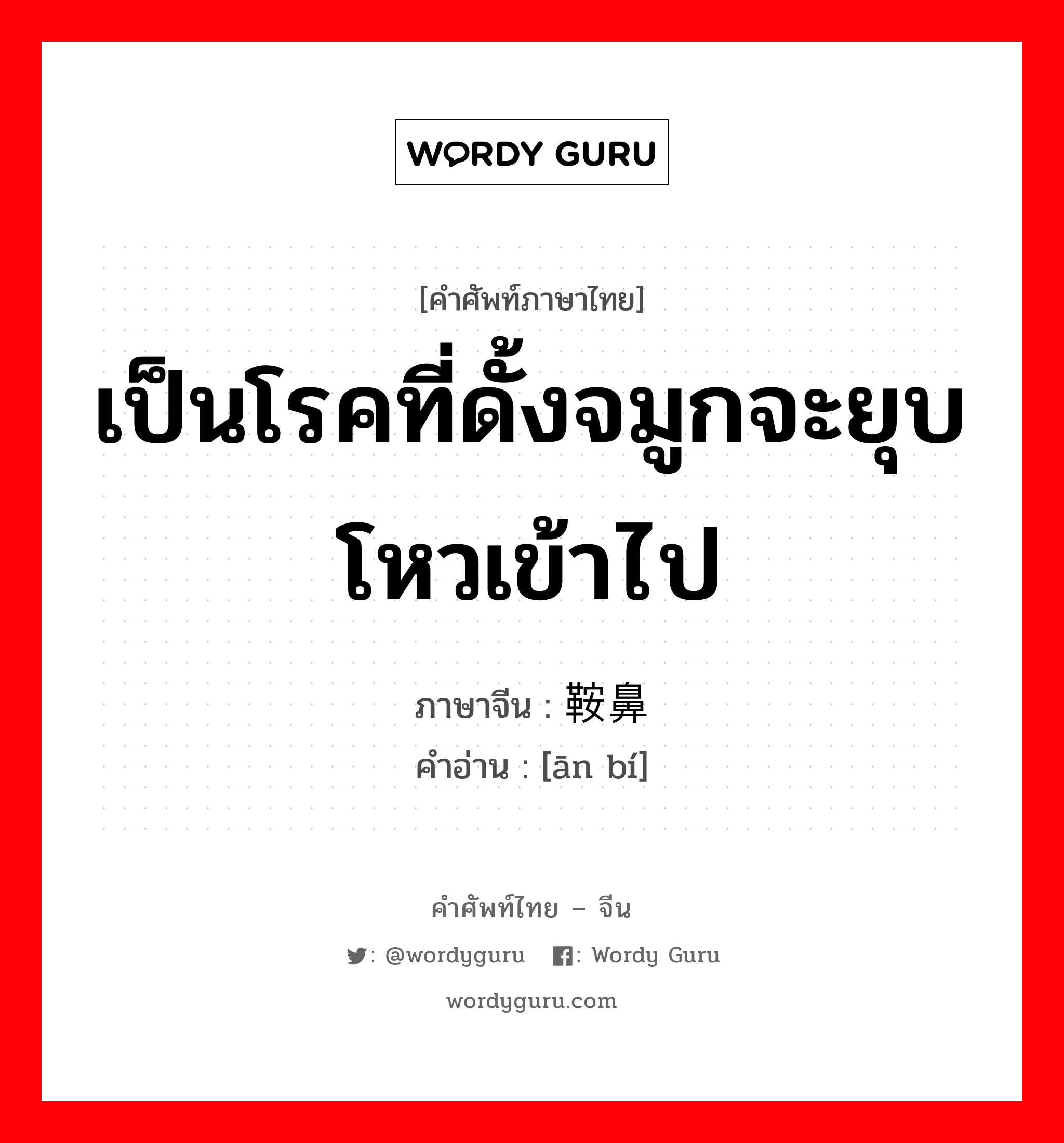 เป็นโรคที่ดั้งจมูกจะยุบโหวเข้าไป ภาษาจีนคืออะไร, คำศัพท์ภาษาไทย - จีน เป็นโรคที่ดั้งจมูกจะยุบโหวเข้าไป ภาษาจีน 鞍鼻 คำอ่าน [ān bí]