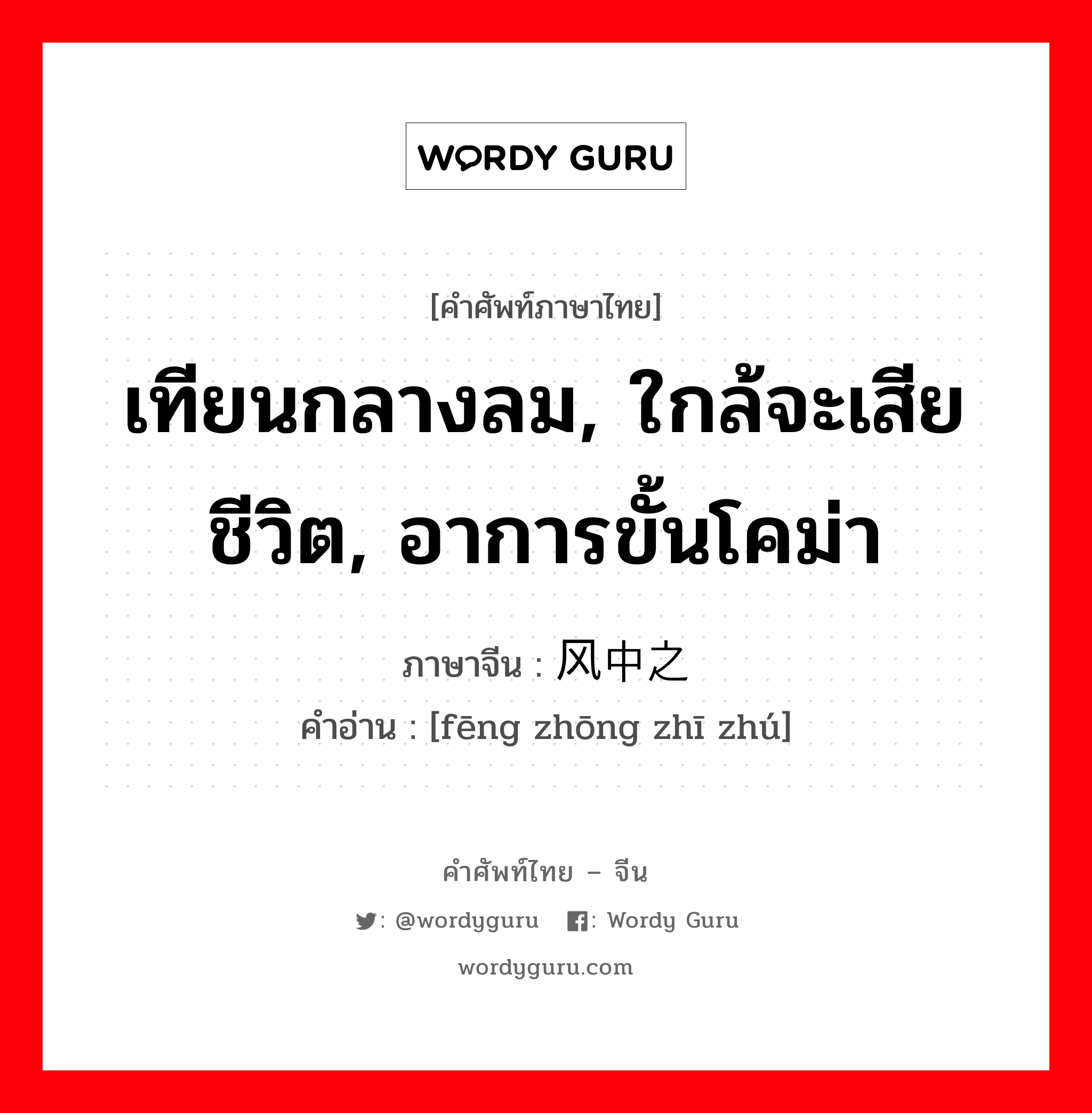 เทียนกลางลม, ใกล้จะเสียชีวิต, อาการขั้นโคม่า ภาษาจีนคืออะไร, คำศัพท์ภาษาไทย - จีน เทียนกลางลม, ใกล้จะเสียชีวิต, อาการขั้นโคม่า ภาษาจีน 风中之烛 คำอ่าน [fēng zhōng zhī zhú]