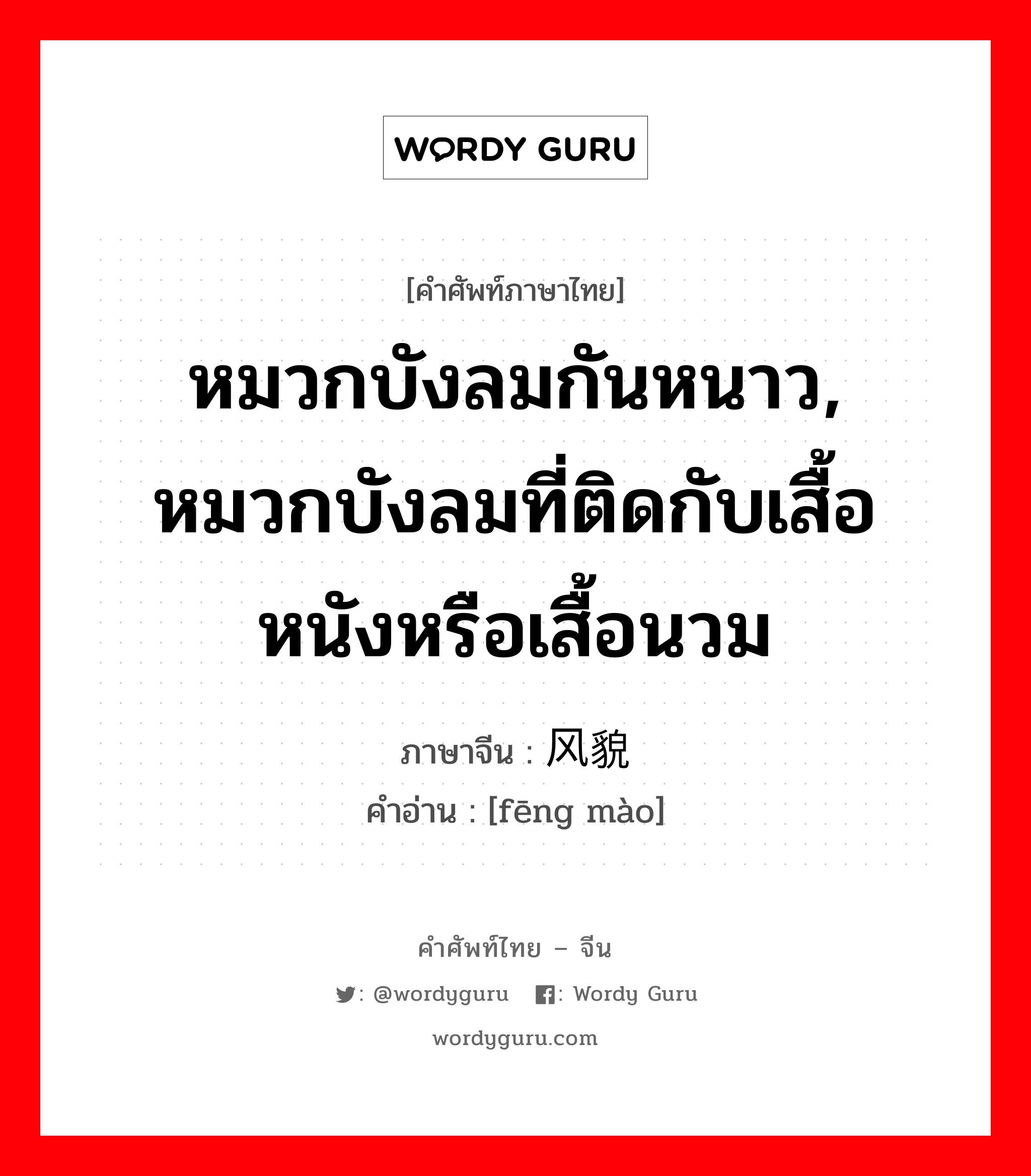 หมวกบังลมกันหนาว, หมวกบังลมที่ติดกับเสื้อหนังหรือเสื้อนวม ภาษาจีนคืออะไร, คำศัพท์ภาษาไทย - จีน หมวกบังลมกันหนาว, หมวกบังลมที่ติดกับเสื้อหนังหรือเสื้อนวม ภาษาจีน 风貌 คำอ่าน [fēng mào]