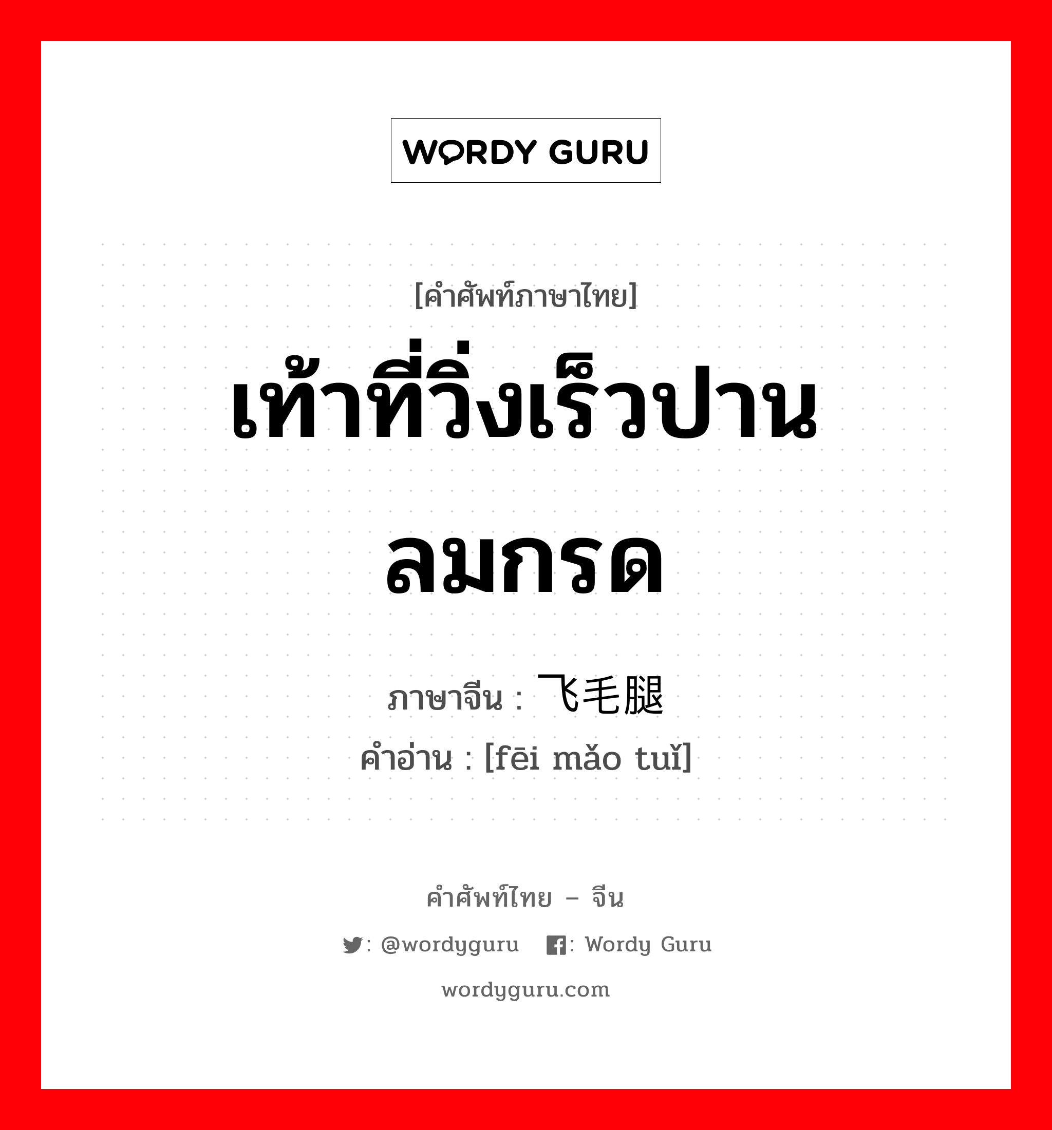 เท้าที่วิ่งเร็วปานลมกรด ภาษาจีนคืออะไร, คำศัพท์ภาษาไทย - จีน เท้าที่วิ่งเร็วปานลมกรด ภาษาจีน 飞毛腿 คำอ่าน [fēi mǎo tuǐ]