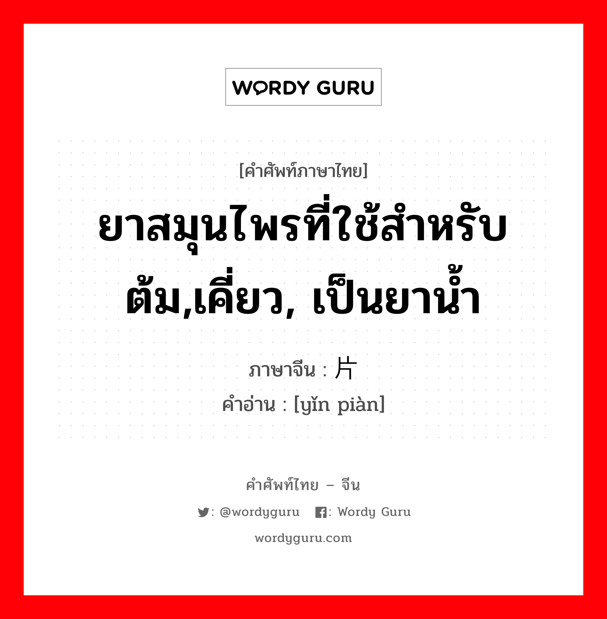 ยาสมุนไพรที่ใช้สำหรับต้ม,เคี่ยว, เป็นยาน้ำ ภาษาจีนคืออะไร, คำศัพท์ภาษาไทย - จีน ยาสมุนไพรที่ใช้สำหรับต้ม,เคี่ยว, เป็นยาน้ำ ภาษาจีน 饮片 คำอ่าน [yǐn piàn]