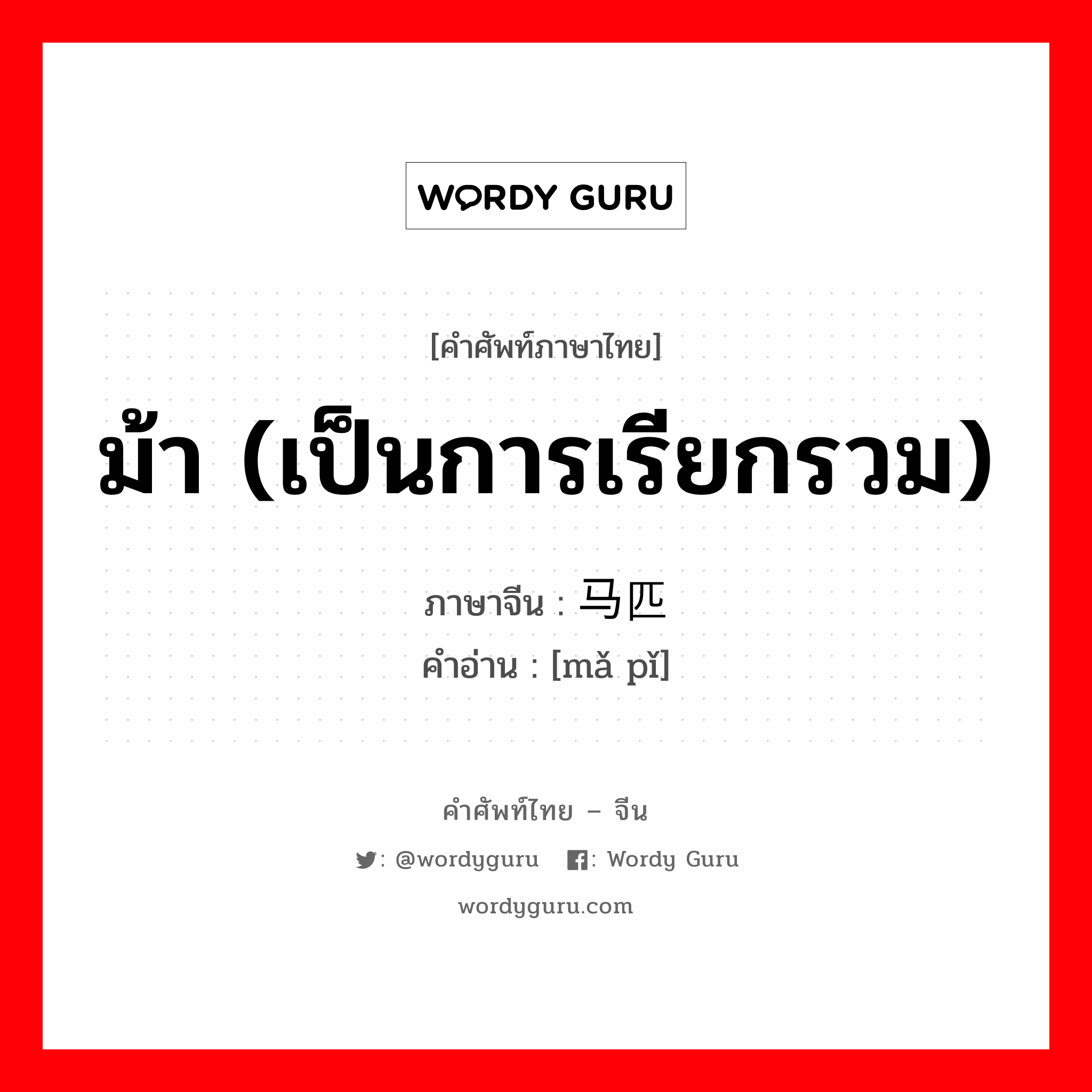 ม้า (เป็นการเรียกรวม) ภาษาจีนคืออะไร, คำศัพท์ภาษาไทย - จีน ม้า (เป็นการเรียกรวม) ภาษาจีน 马匹 คำอ่าน [mǎ pǐ]