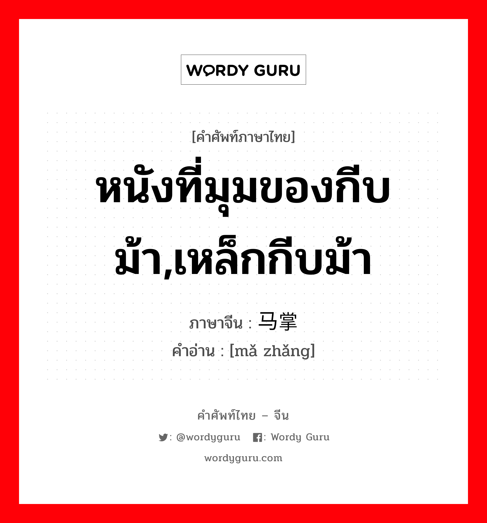 หนังที่มุมของกีบม้า,เหล็กกีบม้า ภาษาจีนคืออะไร, คำศัพท์ภาษาไทย - จีน หนังที่มุมของกีบม้า,เหล็กกีบม้า ภาษาจีน 马掌 คำอ่าน [mǎ zhǎng]