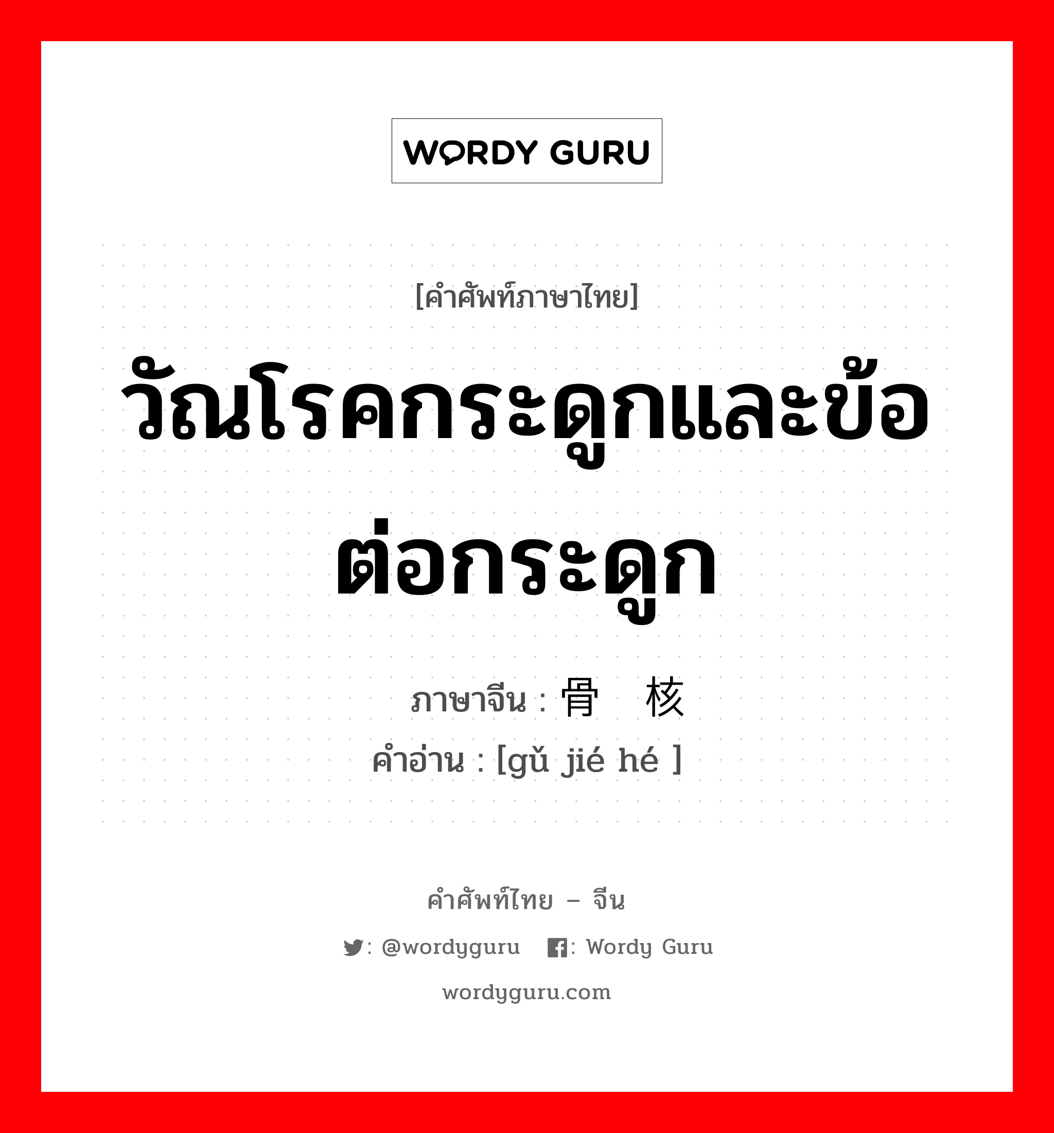 วัณโรคกระดูกและข้อต่อกระดูก ภาษาจีนคืออะไร, คำศัพท์ภาษาไทย - จีน วัณโรคกระดูกและข้อต่อกระดูก ภาษาจีน 骨结核 คำอ่าน [gǔ jié hé ]