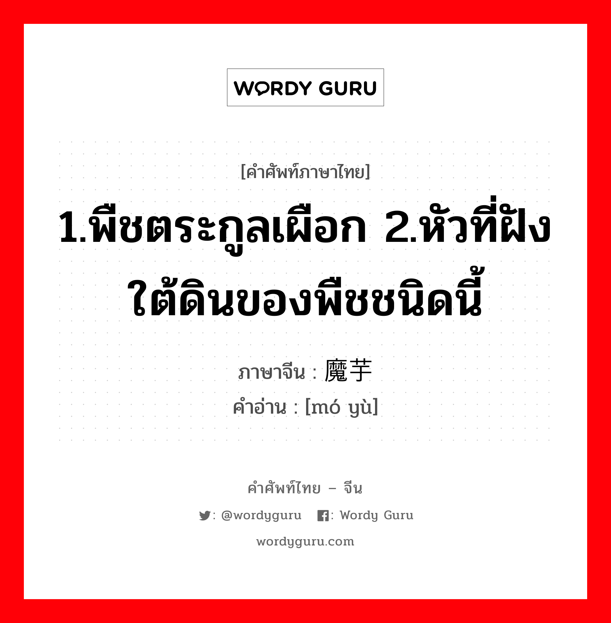 1.พืชตระกูลเผือก 2.หัวที่ฝังใต้ดินของพืชชนิดนี้ ภาษาจีนคืออะไร, คำศัพท์ภาษาไทย - จีน 1.พืชตระกูลเผือก 2.หัวที่ฝังใต้ดินของพืชชนิดนี้ ภาษาจีน 魔芋 คำอ่าน [mó yù]