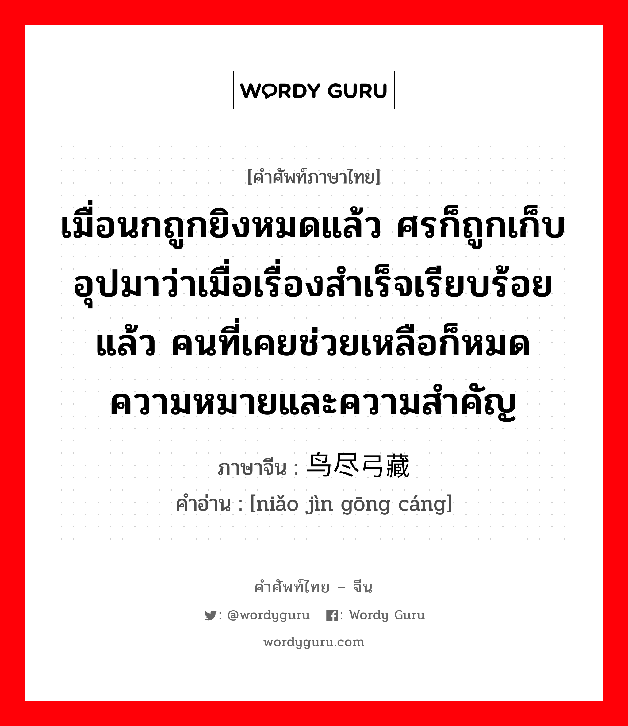 เมื่อนกถูกยิงหมดแล้ว ศรก็ถูกเก็บ อุปมาว่าเมื่อเรื่องสำเร็จเรียบร้อยแล้ว คนที่เคยช่วยเหลือก็หมดความหมายและความสำคัญ ภาษาจีนคืออะไร, คำศัพท์ภาษาไทย - จีน เมื่อนกถูกยิงหมดแล้ว ศรก็ถูกเก็บ อุปมาว่าเมื่อเรื่องสำเร็จเรียบร้อยแล้ว คนที่เคยช่วยเหลือก็หมดความหมายและความสำคัญ ภาษาจีน 鸟尽弓藏 คำอ่าน [niǎo jìn gōng cáng]