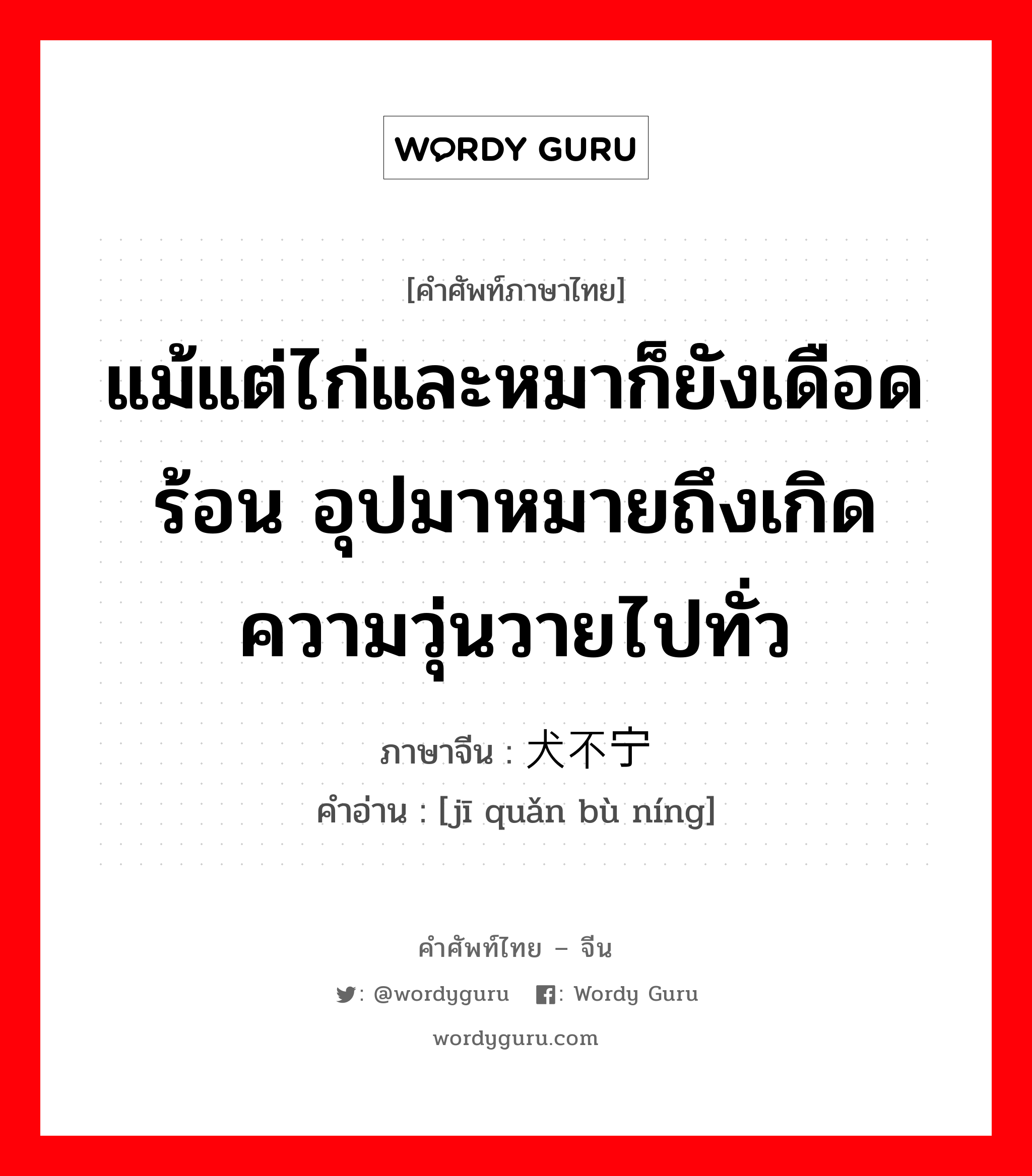 แม้แต่ไก่และหมาก็ยังเดือดร้อน อุปมาหมายถึงเกิดความวุ่นวายไปทั่ว ภาษาจีนคืออะไร, คำศัพท์ภาษาไทย - จีน แม้แต่ไก่และหมาก็ยังเดือดร้อน อุปมาหมายถึงเกิดความวุ่นวายไปทั่ว ภาษาจีน 鸡犬不宁 คำอ่าน [jī quǎn bù níng]