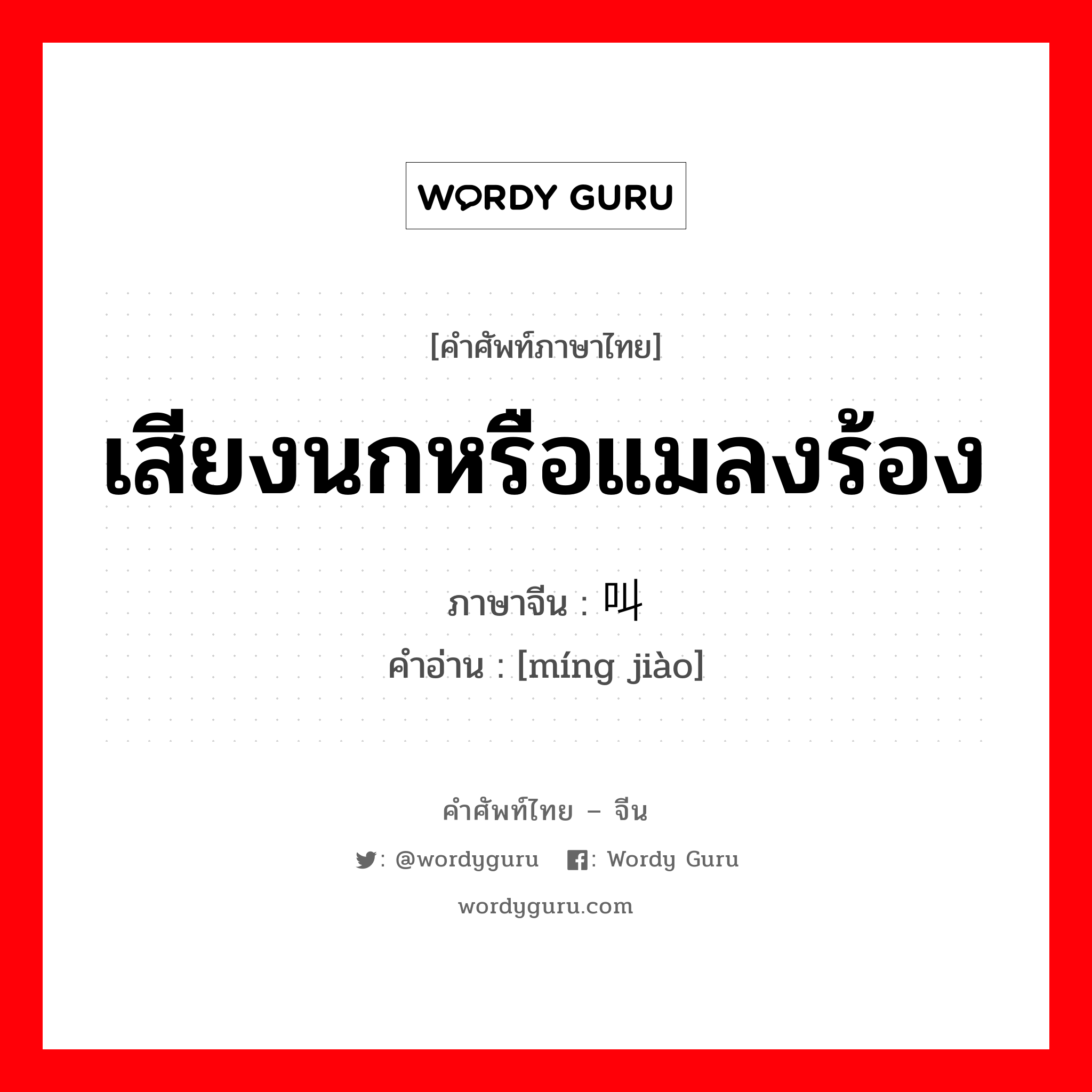 เสียงนกหรือแมลงร้อง ภาษาจีนคืออะไร, คำศัพท์ภาษาไทย - จีน เสียงนกหรือแมลงร้อง ภาษาจีน 鸣叫 คำอ่าน [míng jiào]