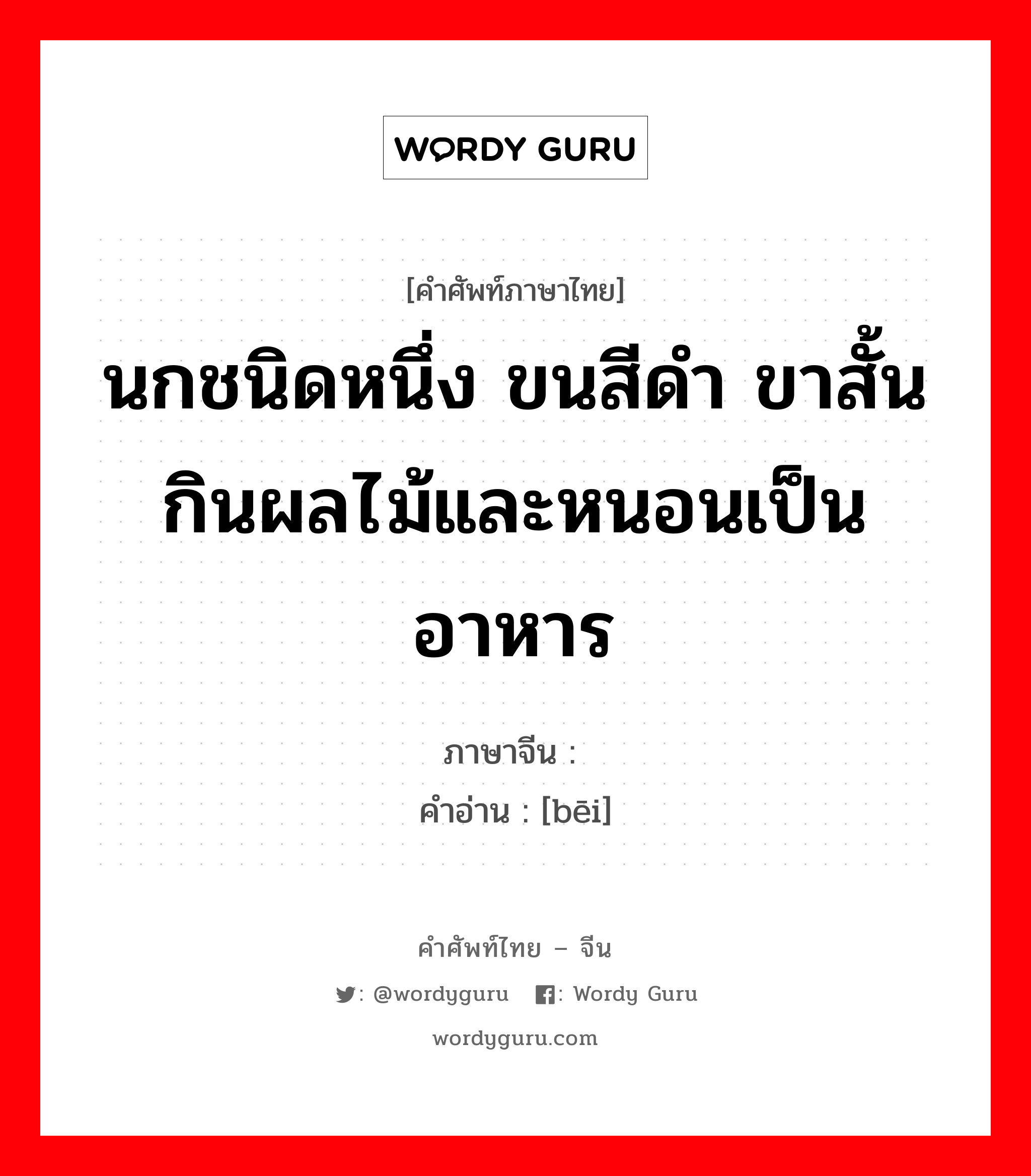 นกชนิดหนึ่ง ขนสีดำ ขาสั้น กินผลไม้และหนอนเป็นอาหาร ภาษาจีนคืออะไร, คำศัพท์ภาษาไทย - จีน นกชนิดหนึ่ง ขนสีดำ ขาสั้น กินผลไม้และหนอนเป็นอาหาร ภาษาจีน 鹎 คำอ่าน [bēi]