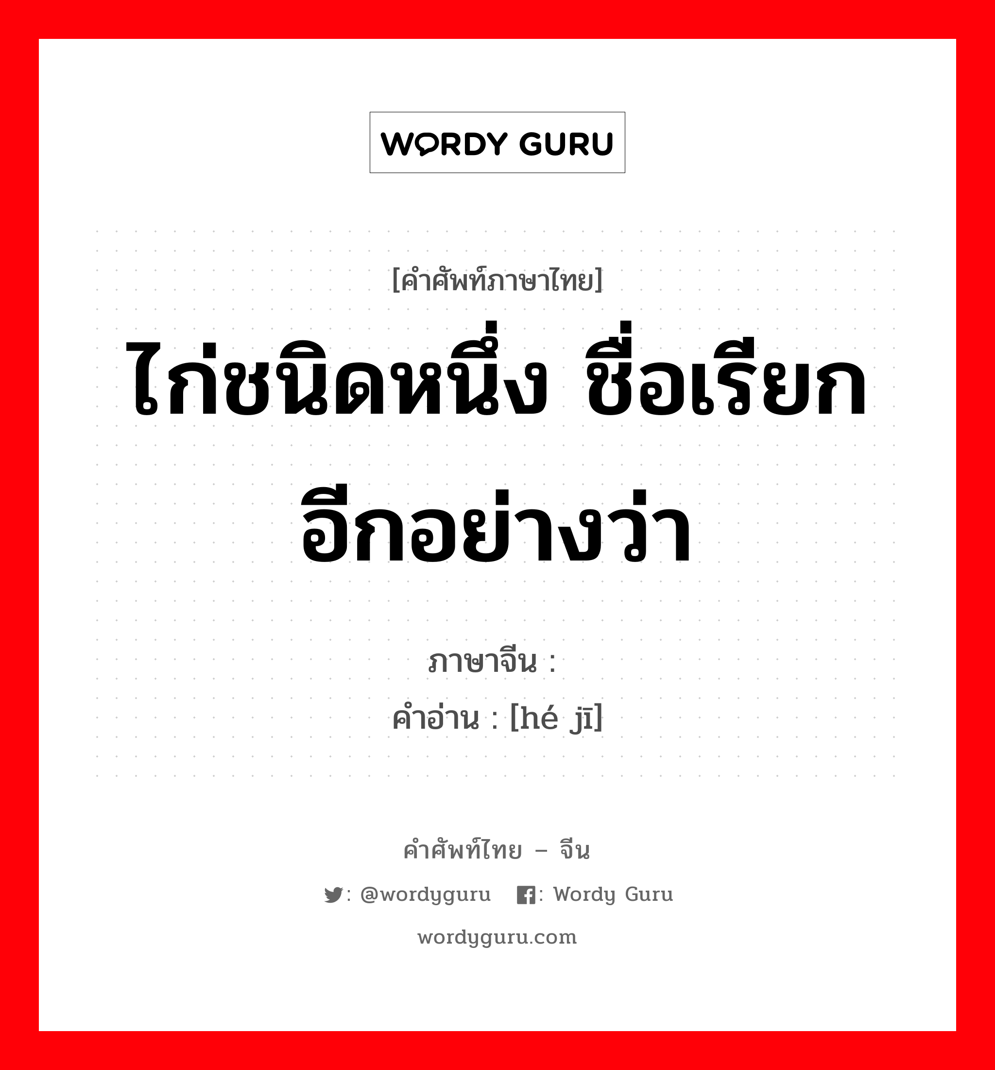 ไก่ชนิดหนึ่ง ชื่อเรียกอีกอย่างว่า ภาษาจีนคืออะไร, คำศัพท์ภาษาไทย - จีน ไก่ชนิดหนึ่ง ชื่อเรียกอีกอย่างว่า ภาษาจีน 鹖鸡 คำอ่าน [hé jī]