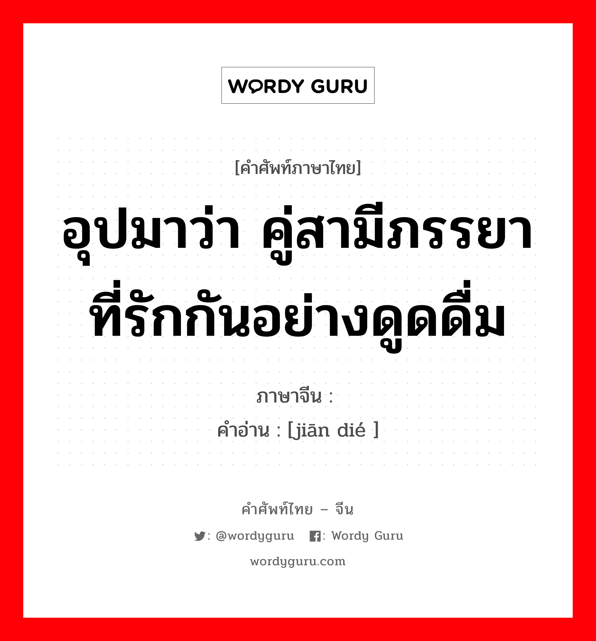 อุปมาว่า คู่สามีภรรยาที่รักกันอย่างดูดดื่ม ภาษาจีนคืออะไร, คำศัพท์ภาษาไทย - จีน อุปมาว่า คู่สามีภรรยาที่รักกันอย่างดูดดื่ม ภาษาจีน 鹣鲽 คำอ่าน [jiān dié ]