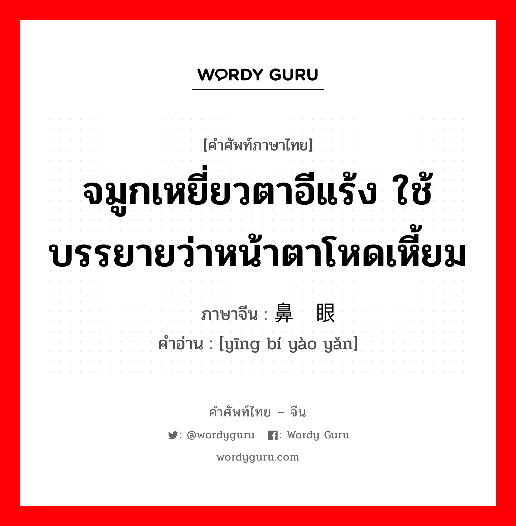 จมูกเหยี่ยวตาอีแร้ง ใช้บรรยายว่าหน้าตาโหดเหี้ยม ภาษาจีนคืออะไร, คำศัพท์ภาษาไทย - จีน จมูกเหยี่ยวตาอีแร้ง ใช้บรรยายว่าหน้าตาโหดเหี้ยม ภาษาจีน 鹰鼻鹞眼 คำอ่าน [yīng bí yào yǎn]