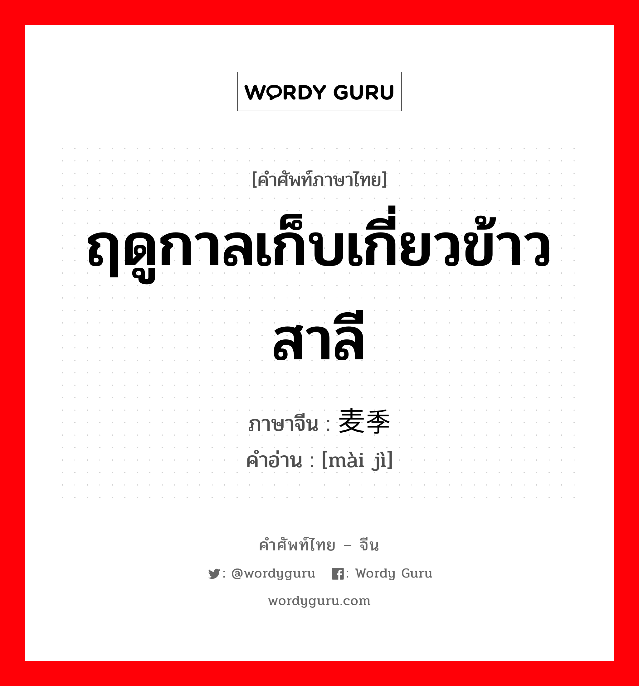 ฤดูกาลเก็บเกี่ยวข้าวสาลี ภาษาจีนคืออะไร, คำศัพท์ภาษาไทย - จีน ฤดูกาลเก็บเกี่ยวข้าวสาลี ภาษาจีน 麦季 คำอ่าน [mài jì]