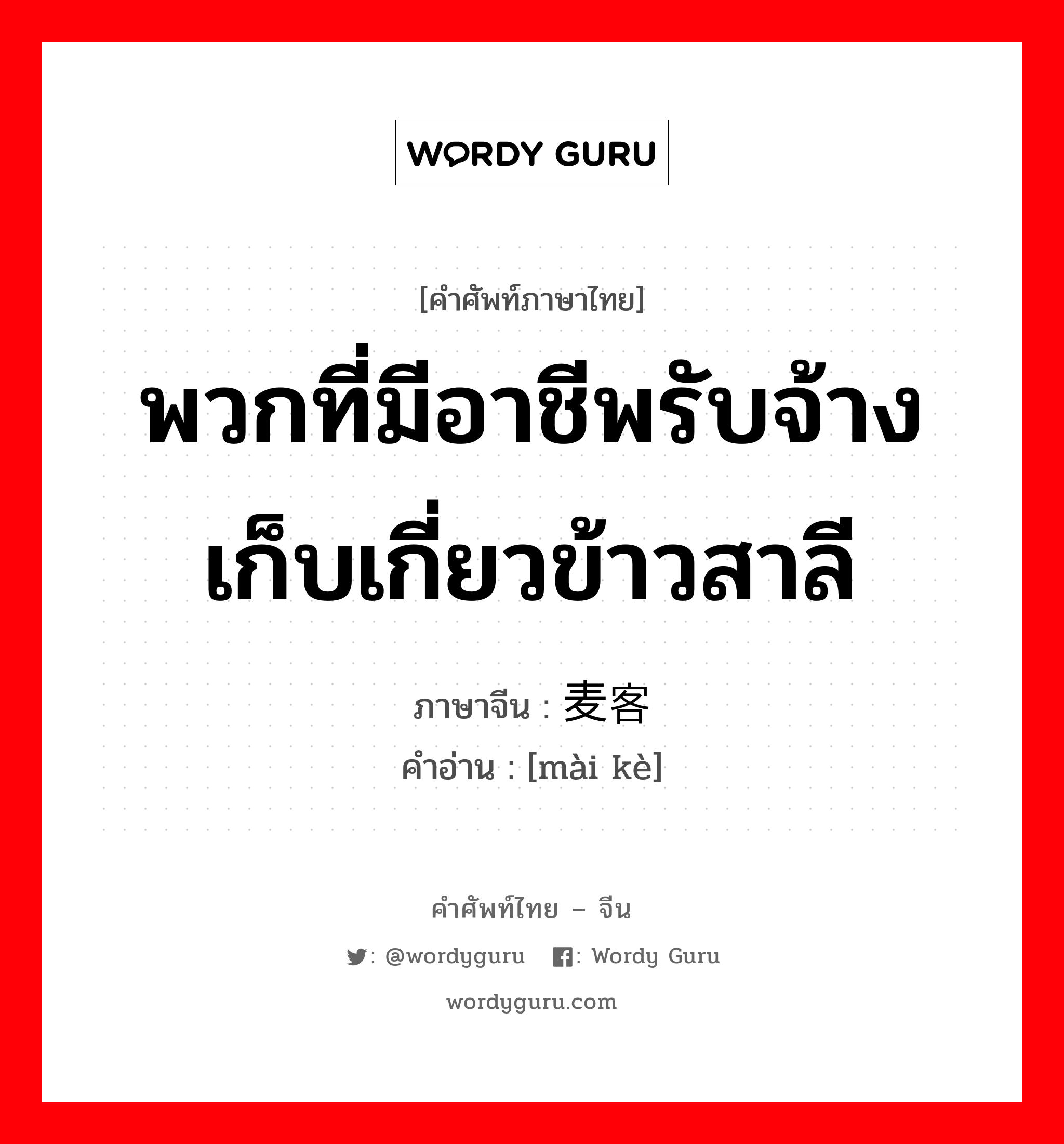 พวกที่มีอาชีพรับจ้างเก็บเกี่ยวข้าวสาลี ภาษาจีนคืออะไร, คำศัพท์ภาษาไทย - จีน พวกที่มีอาชีพรับจ้างเก็บเกี่ยวข้าวสาลี ภาษาจีน 麦客 คำอ่าน [mài kè]