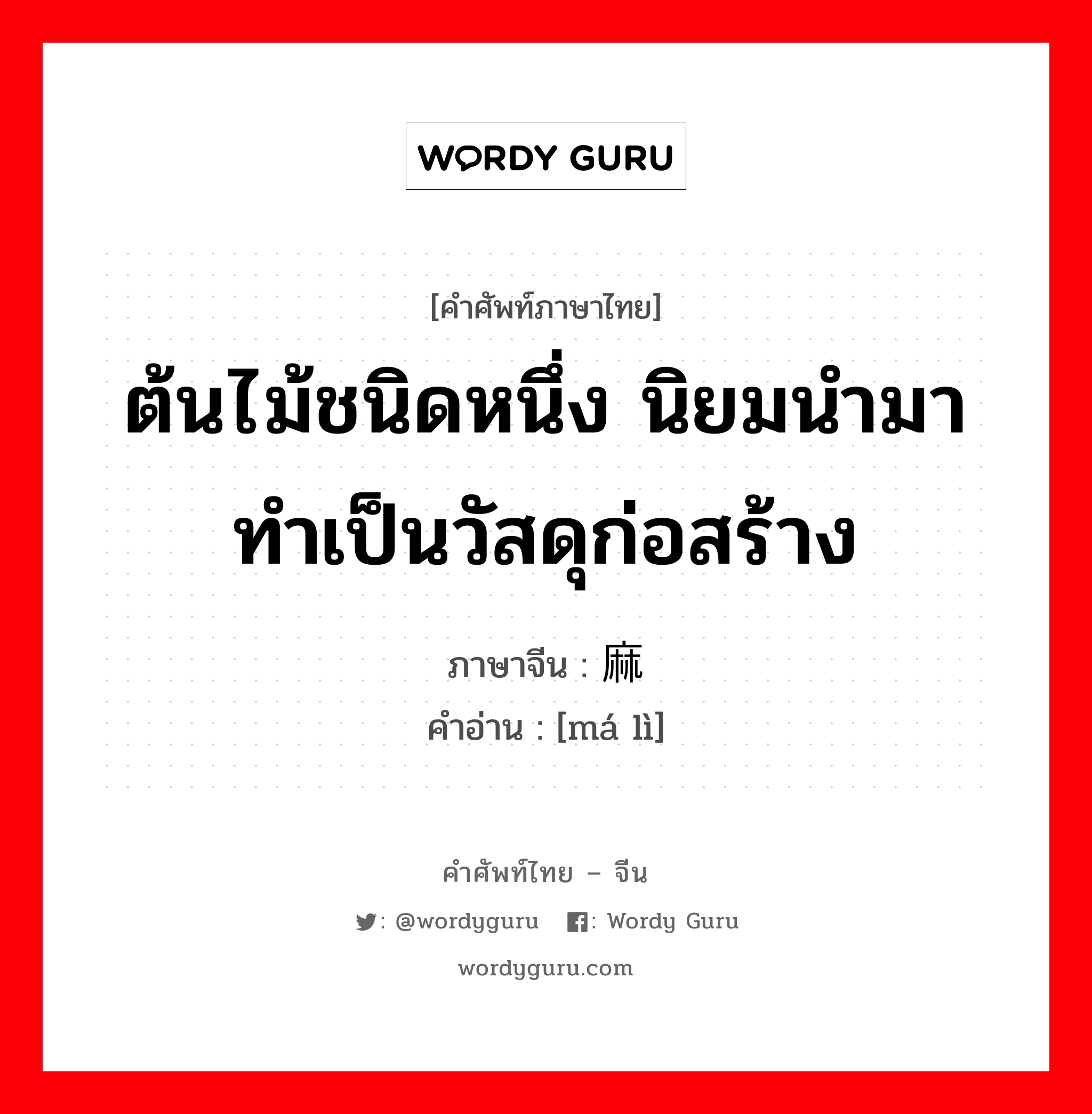 ต้นไม้ชนิดหนึ่ง นิยมนำมาทำเป็นวัสดุก่อสร้าง ภาษาจีนคืออะไร, คำศัพท์ภาษาไทย - จีน ต้นไม้ชนิดหนึ่ง นิยมนำมาทำเป็นวัสดุก่อสร้าง ภาษาจีน 麻栎 คำอ่าน [má lì]