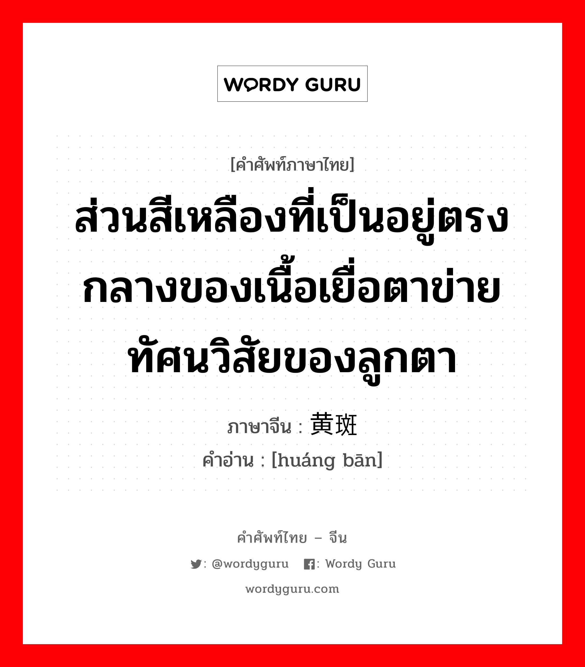 ส่วนสีเหลืองที่เป็นอยู่ตรงกลางของเนื้อเยื่อตาข่ายทัศนวิสัยของลูกตา ภาษาจีนคืออะไร, คำศัพท์ภาษาไทย - จีน ส่วนสีเหลืองที่เป็นอยู่ตรงกลางของเนื้อเยื่อตาข่ายทัศนวิสัยของลูกตา ภาษาจีน 黄斑 คำอ่าน [huáng bān]