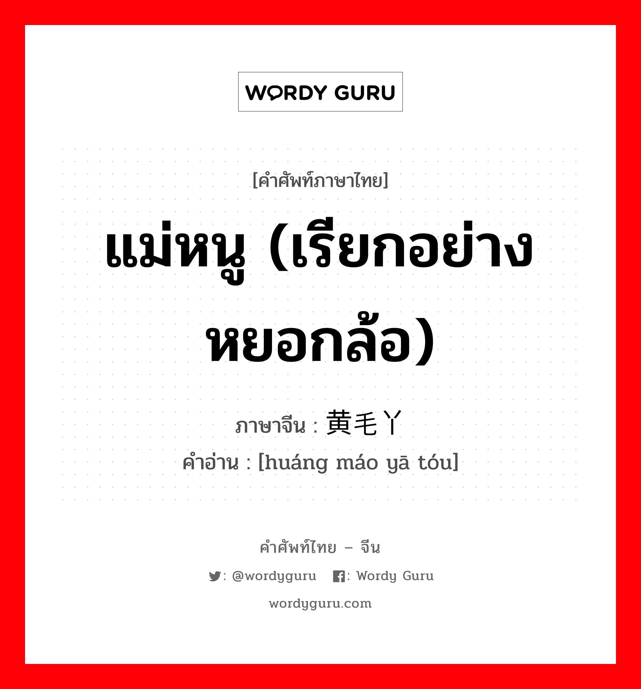 แม่หนู (เรียกอย่างหยอกล้อ) ภาษาจีนคืออะไร, คำศัพท์ภาษาไทย - จีน แม่หนู (เรียกอย่างหยอกล้อ) ภาษาจีน 黄毛丫头 คำอ่าน [huáng máo yā tóu]