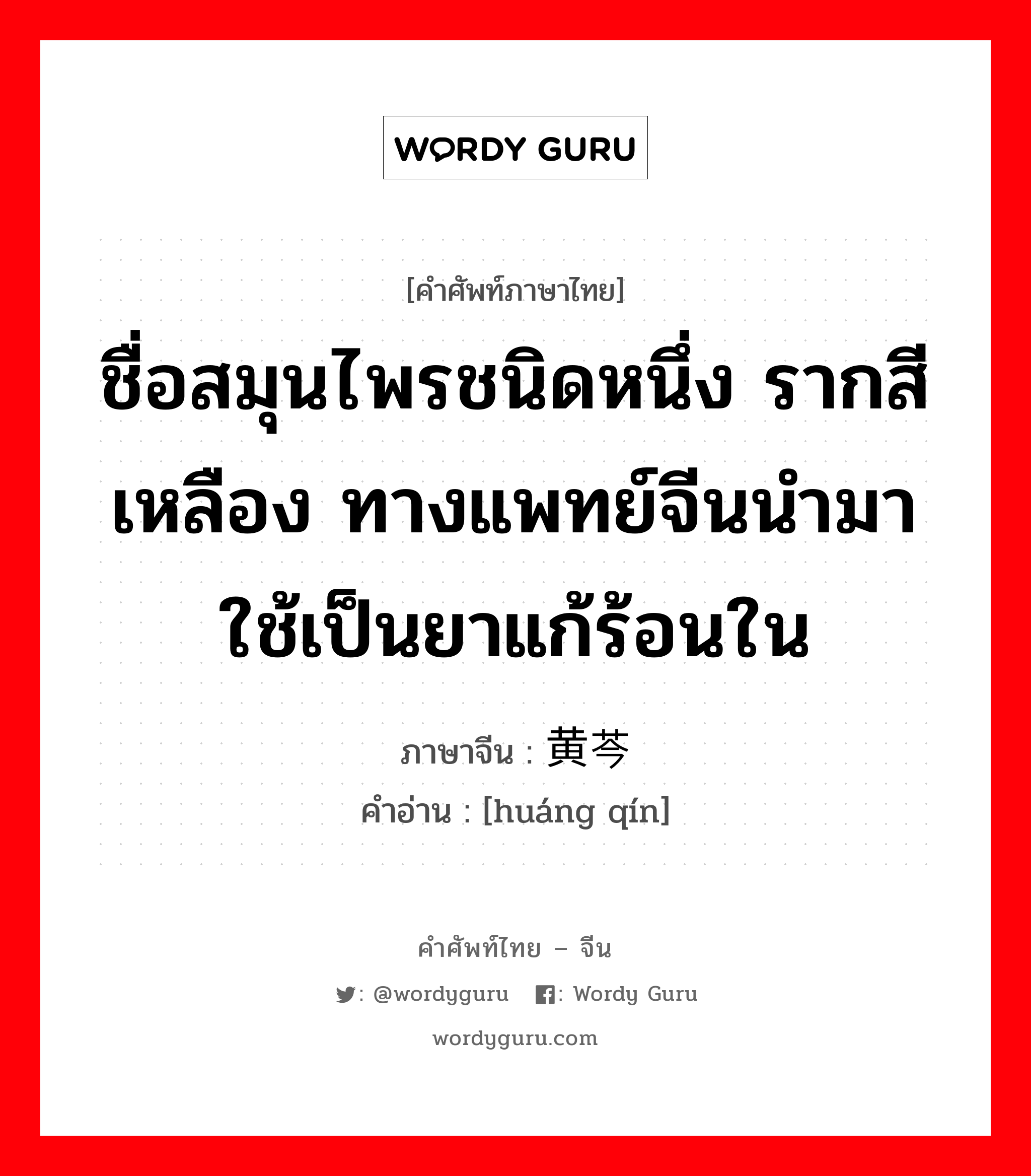 ชื่อสมุนไพรชนิดหนึ่ง รากสีเหลือง ทางแพทย์จีนนำมาใช้เป็นยาแก้ร้อนใน ภาษาจีนคืออะไร, คำศัพท์ภาษาไทย - จีน ชื่อสมุนไพรชนิดหนึ่ง รากสีเหลือง ทางแพทย์จีนนำมาใช้เป็นยาแก้ร้อนใน ภาษาจีน 黄芩 คำอ่าน [huáng qín]