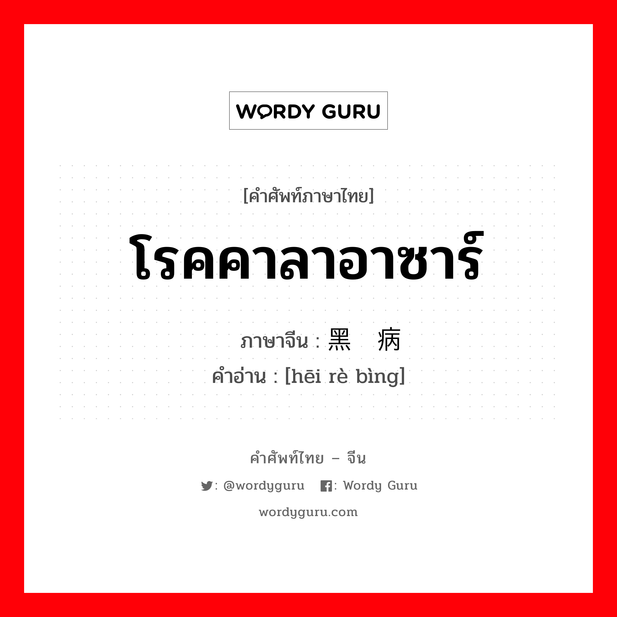 โรคคาลาอาซาร์ ภาษาจีนคืออะไร, คำศัพท์ภาษาไทย - จีน โรคคาลาอาซาร์ ภาษาจีน 黑热病 คำอ่าน [hēi rè bìng]