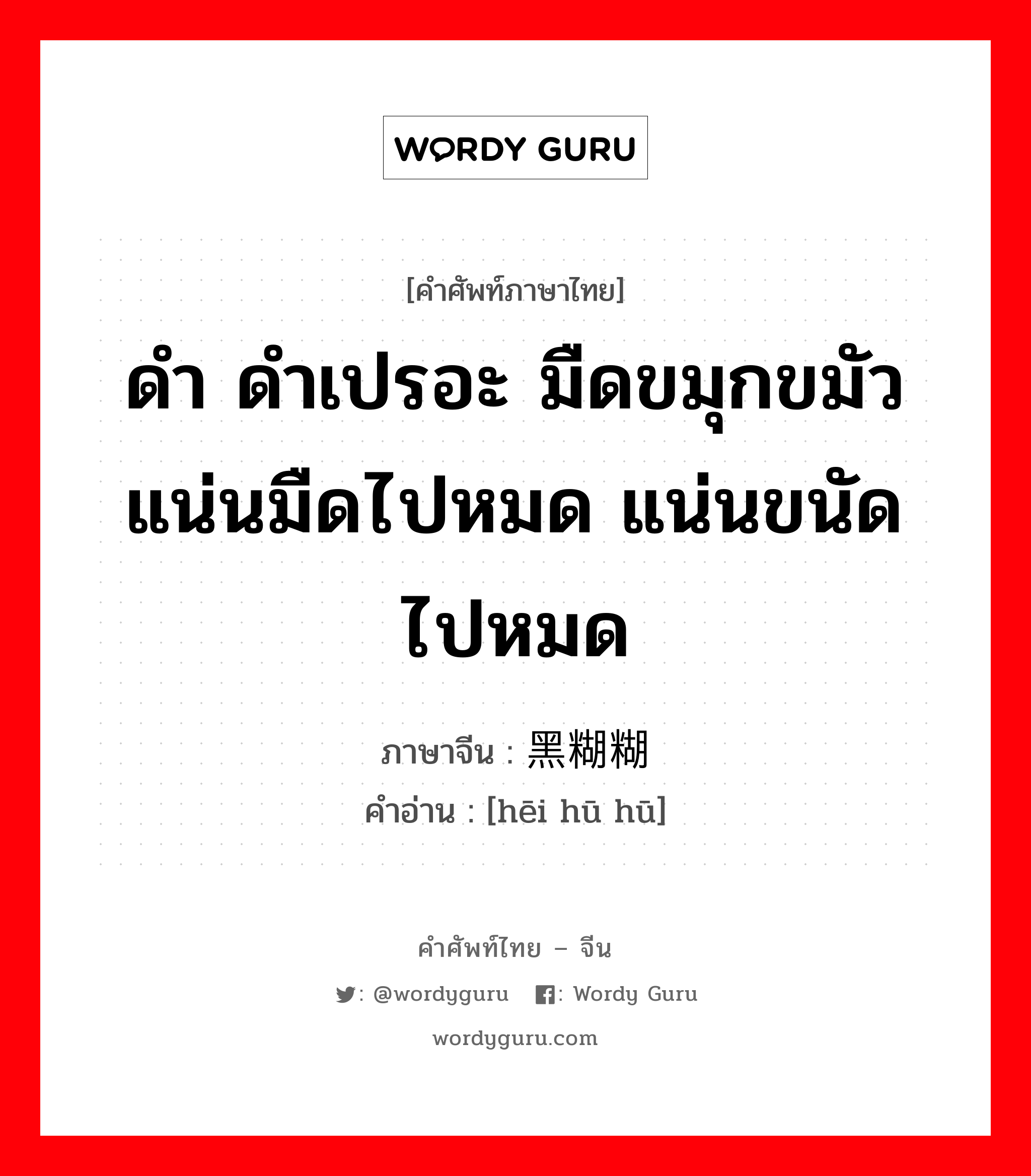 ดำ ดำเปรอะ มืดขมุกขมัว แน่นมืดไปหมด แน่นขนัดไปหมด ภาษาจีนคืออะไร, คำศัพท์ภาษาไทย - จีน ดำ ดำเปรอะ มืดขมุกขมัว แน่นมืดไปหมด แน่นขนัดไปหมด ภาษาจีน 黑糊糊 คำอ่าน [hēi hū hū]