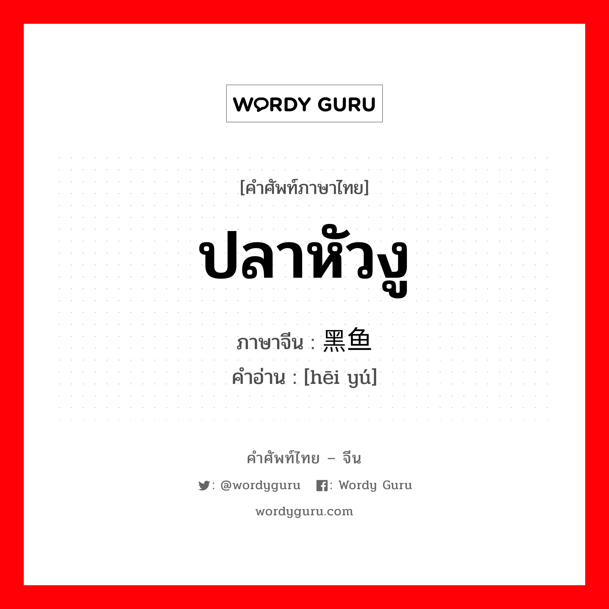 ปลาหัวงู ภาษาจีนคืออะไร, คำศัพท์ภาษาไทย - จีน ปลาหัวงู ภาษาจีน 黑鱼 คำอ่าน [hēi yú]