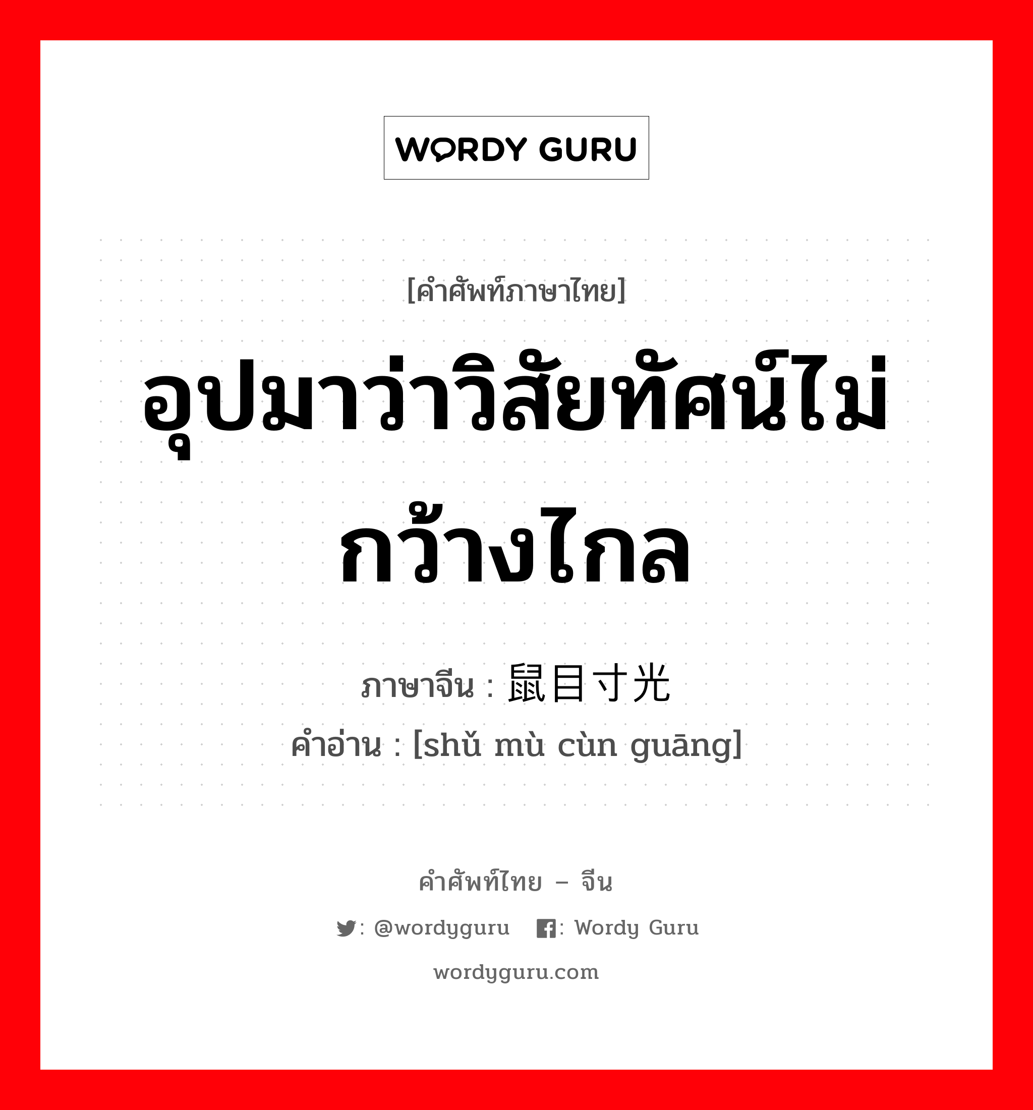 อุปมาว่าวิสัยทัศน์ไม่กว้างไกล ภาษาจีนคืออะไร, คำศัพท์ภาษาไทย - จีน อุปมาว่าวิสัยทัศน์ไม่กว้างไกล ภาษาจีน 鼠目寸光 คำอ่าน [shǔ mù cùn guāng]