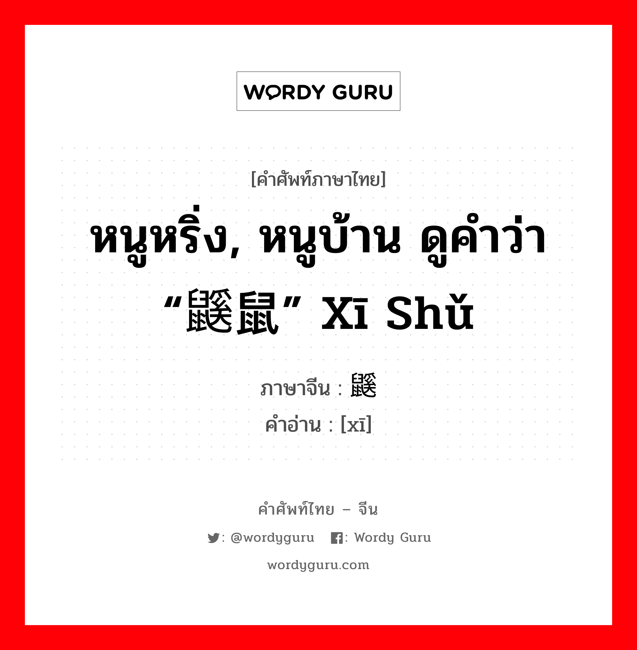 หนูหริ่ง, หนูบ้าน ดูคำว่า “鼷鼠” xī shǔ ภาษาจีนคืออะไร, คำศัพท์ภาษาไทย - จีน หนูหริ่ง, หนูบ้าน ดูคำว่า “鼷鼠” xī shǔ ภาษาจีน 鼷 คำอ่าน [xī]