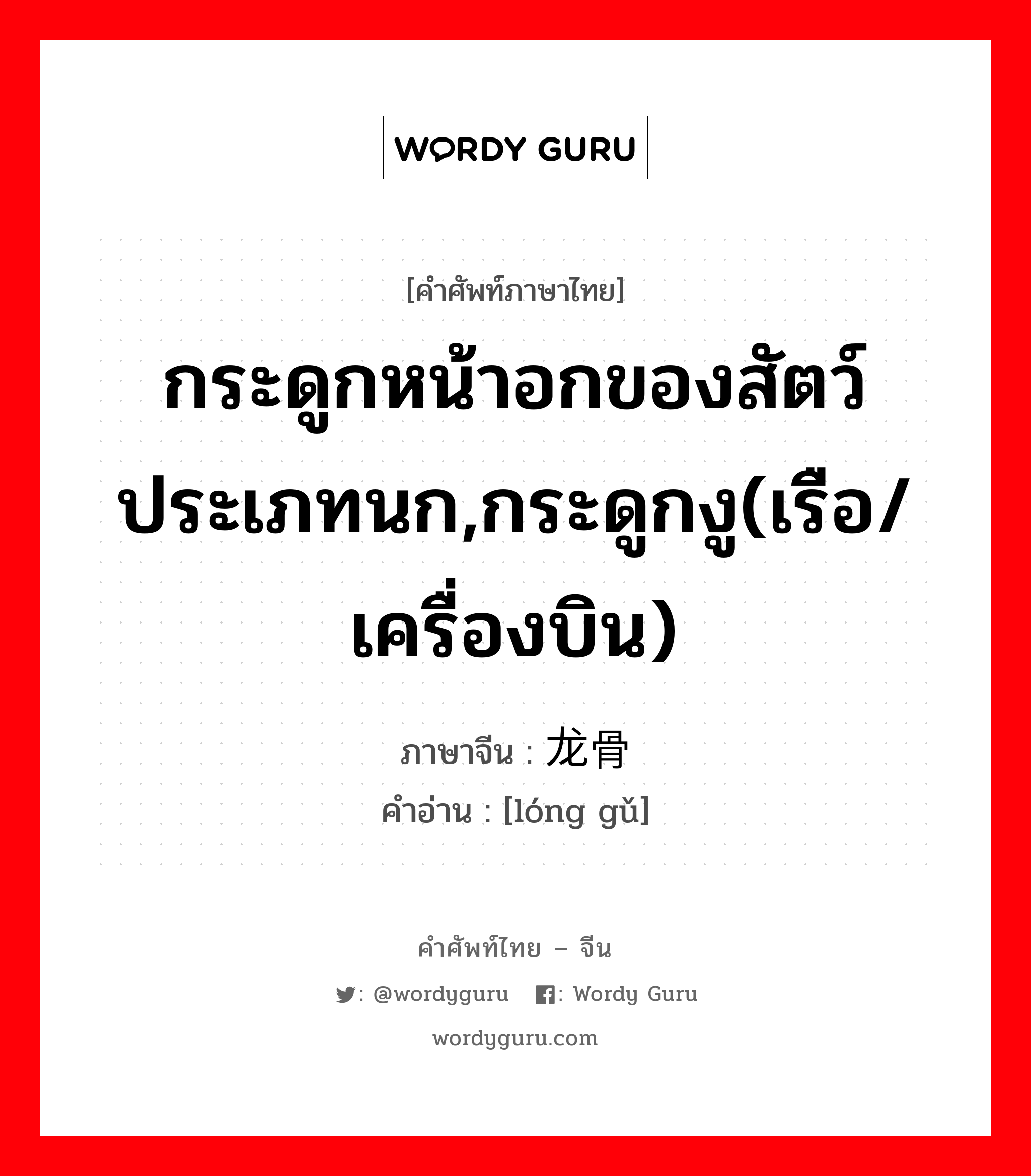 กระดูกหน้าอกของสัตว์ประเภทนก,กระดูกงู(เรือ/เครื่องบิน) ภาษาจีนคืออะไร, คำศัพท์ภาษาไทย - จีน กระดูกหน้าอกของสัตว์ประเภทนก,กระดูกงู(เรือ/เครื่องบิน) ภาษาจีน 龙骨 คำอ่าน [lóng gǔ]