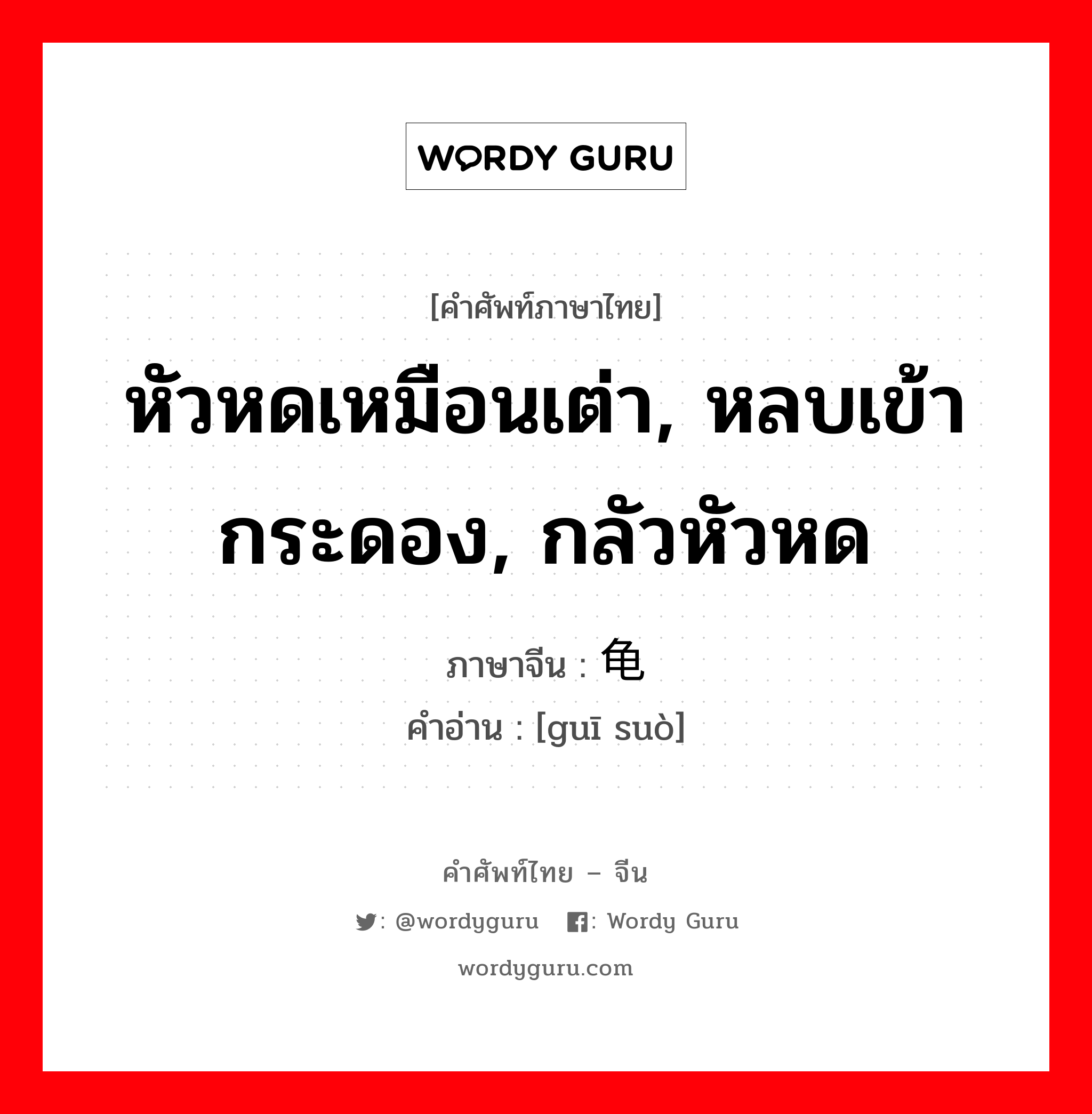 หัวหดเหมือนเต่า, หลบเข้ากระดอง, กลัวหัวหด ภาษาจีนคืออะไร, คำศัพท์ภาษาไทย - จีน หัวหดเหมือนเต่า, หลบเข้ากระดอง, กลัวหัวหด ภาษาจีน 龟缩 คำอ่าน [guī suò]