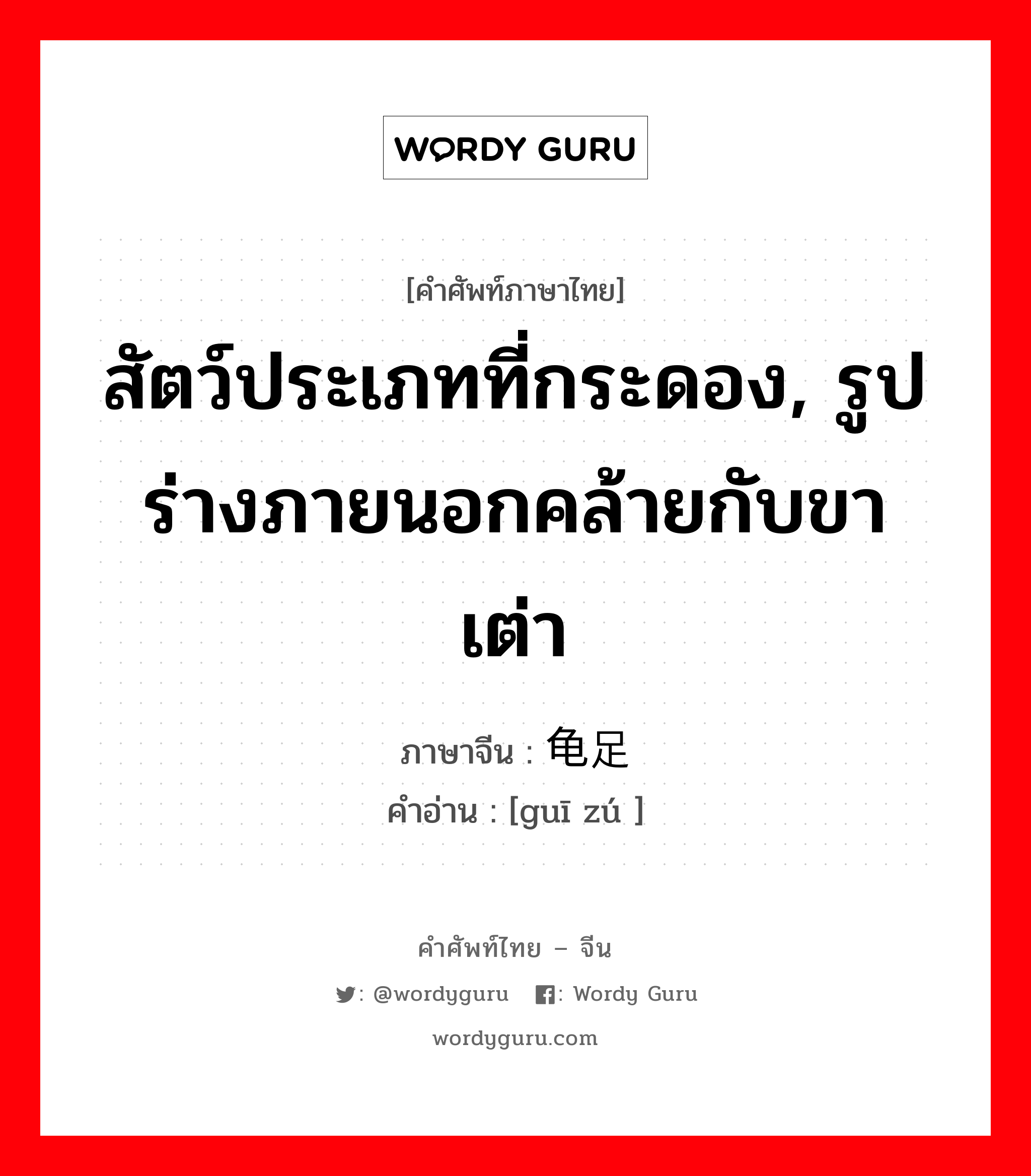 สัตว์ประเภทที่กระดอง, รูปร่างภายนอกคล้ายกับขาเต่า ภาษาจีนคืออะไร, คำศัพท์ภาษาไทย - จีน สัตว์ประเภทที่กระดอง, รูปร่างภายนอกคล้ายกับขาเต่า ภาษาจีน 龟足 คำอ่าน [guī zú ]