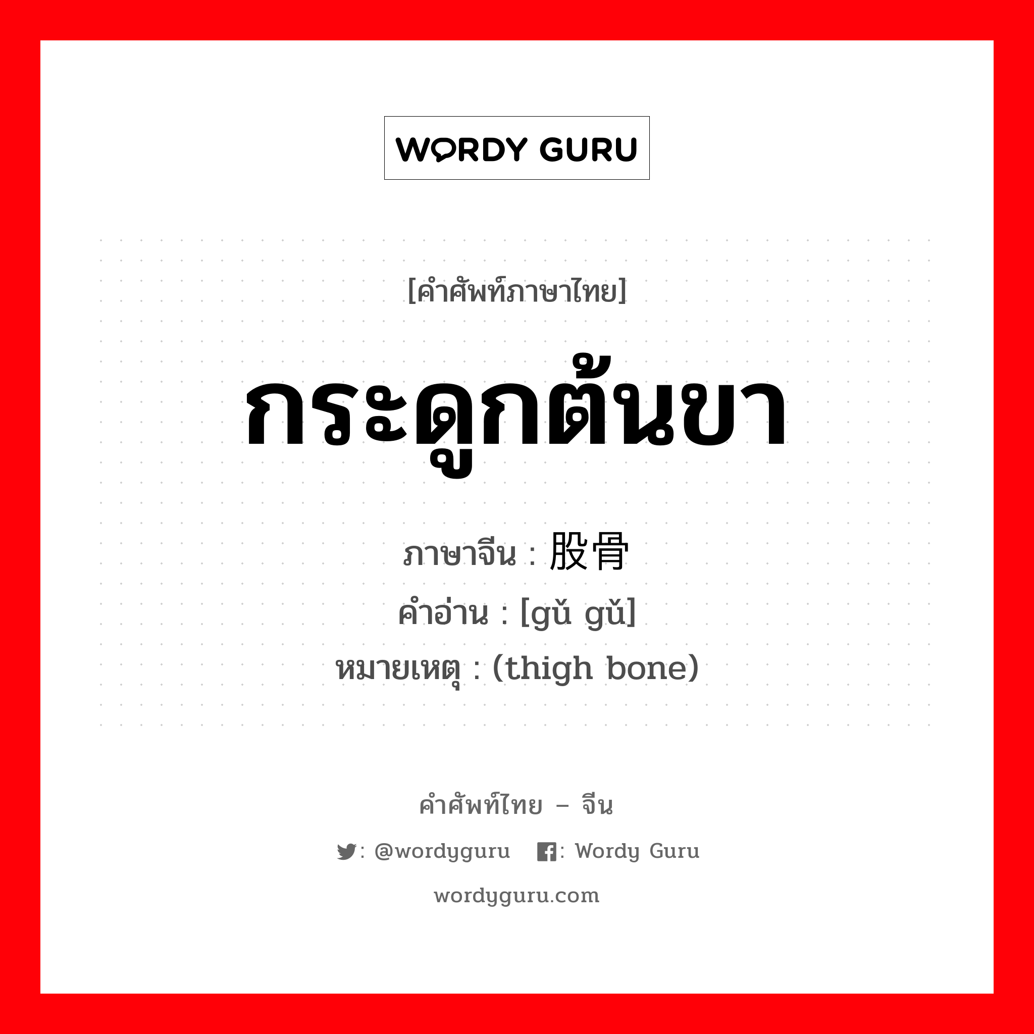 กระดูกต้นขา ภาษาจีนคืออะไร, คำศัพท์ภาษาไทย - จีน กระดูกต้นขา ภาษาจีน 股骨 คำอ่าน [gǔ gǔ] หมายเหตุ (thigh bone)