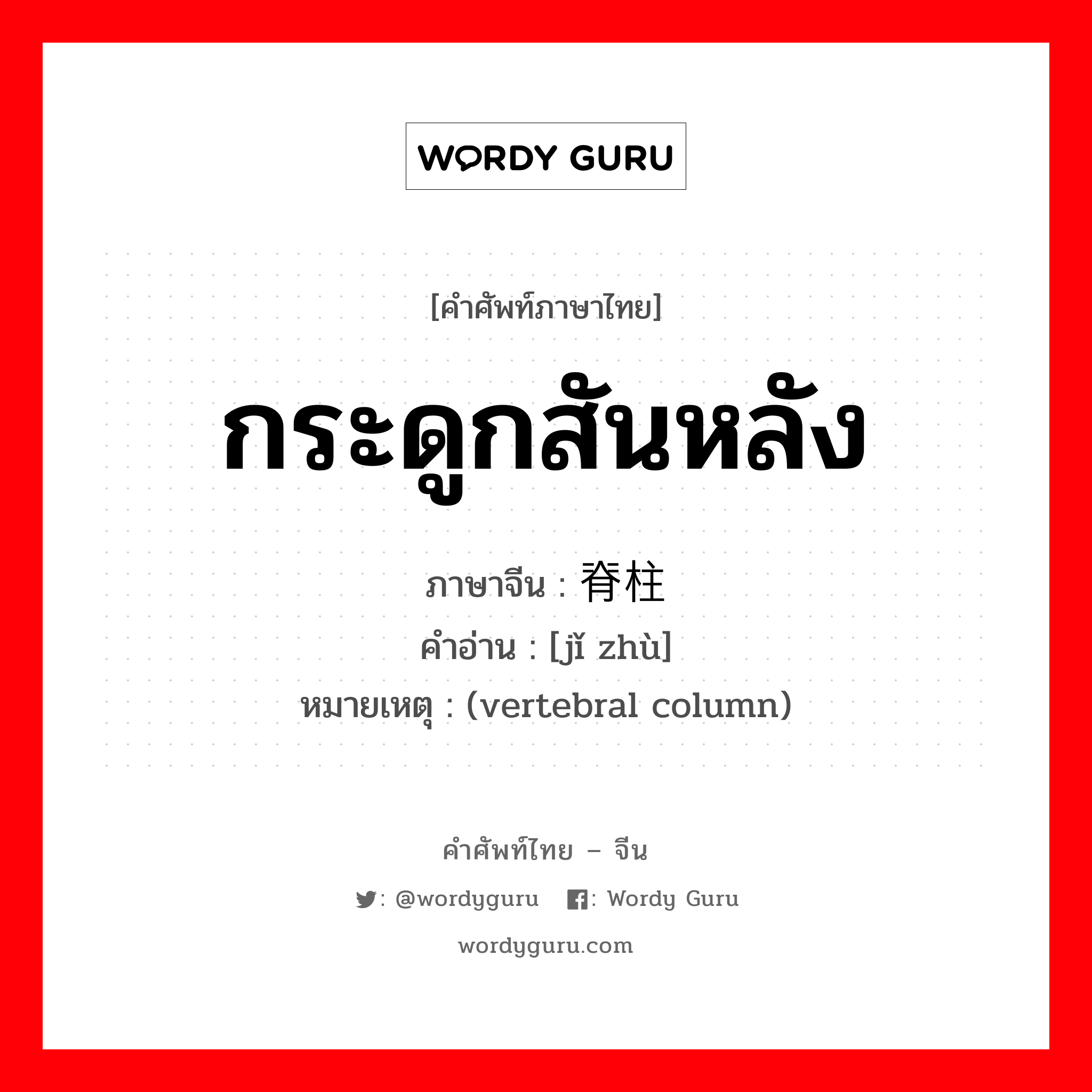 กระดูกสันหลัง ภาษาจีนคืออะไร, คำศัพท์ภาษาไทย - จีน กระดูกสันหลัง ภาษาจีน 脊柱 คำอ่าน [jǐ zhù] หมายเหตุ (vertebral column)